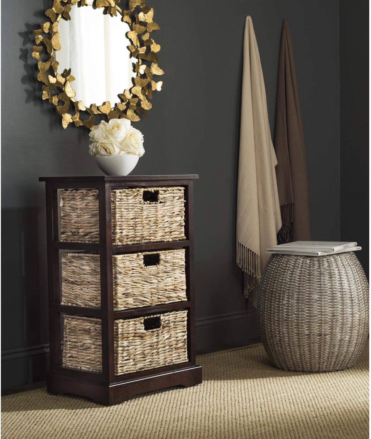 Distressed White Pine Wood 3-Drawer Side Table with Wicker Baskets