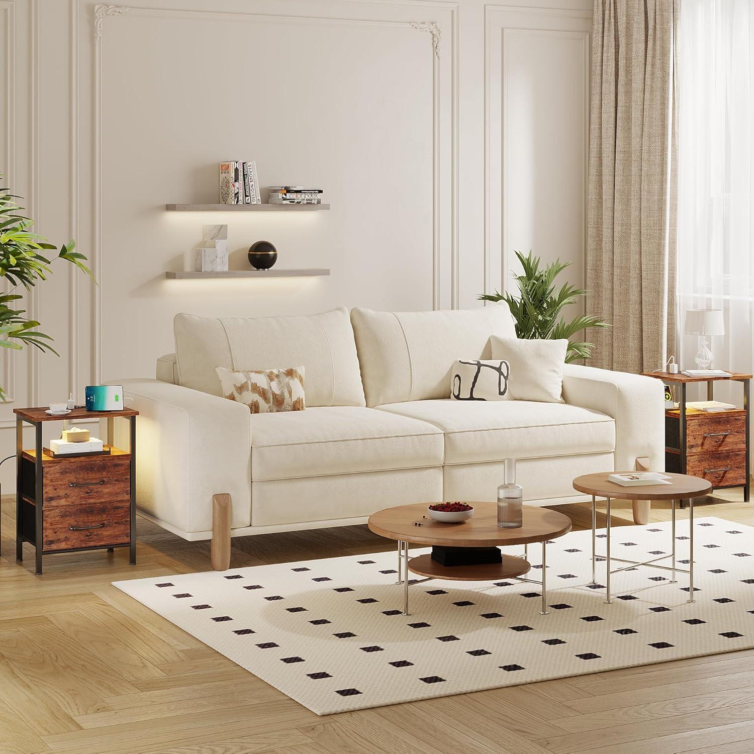 End Table with Charging Station, Narrow Side Table with 2 Fabric Drawers, Skinny Nightstand with LED Light, Slim Bedside Table for Bedroom, Living Room, Small Spaces, White