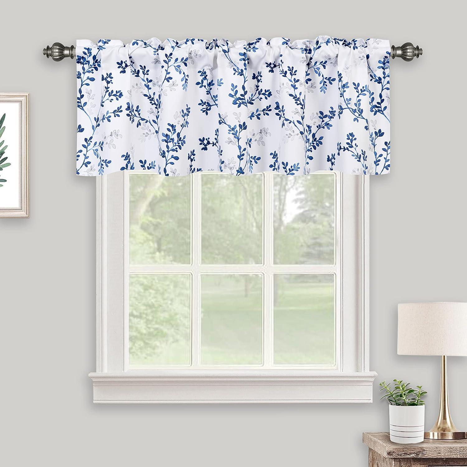 Watercolor Botanical Flowers Leaves Printed Valances for Windows, Rod Pocket Window Treatments Valances for Kitchen Cafe Living Bathroom 52 Inch by 18 Inch, Navy