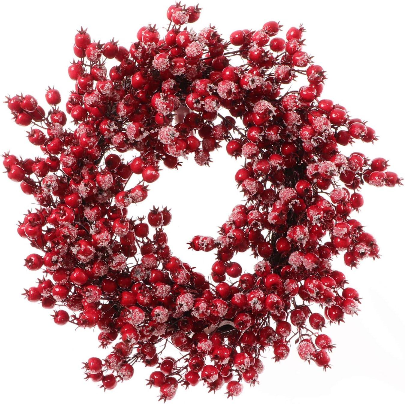 19" Red Frosted Berry Christmas Wreath with Hawthorn Branches