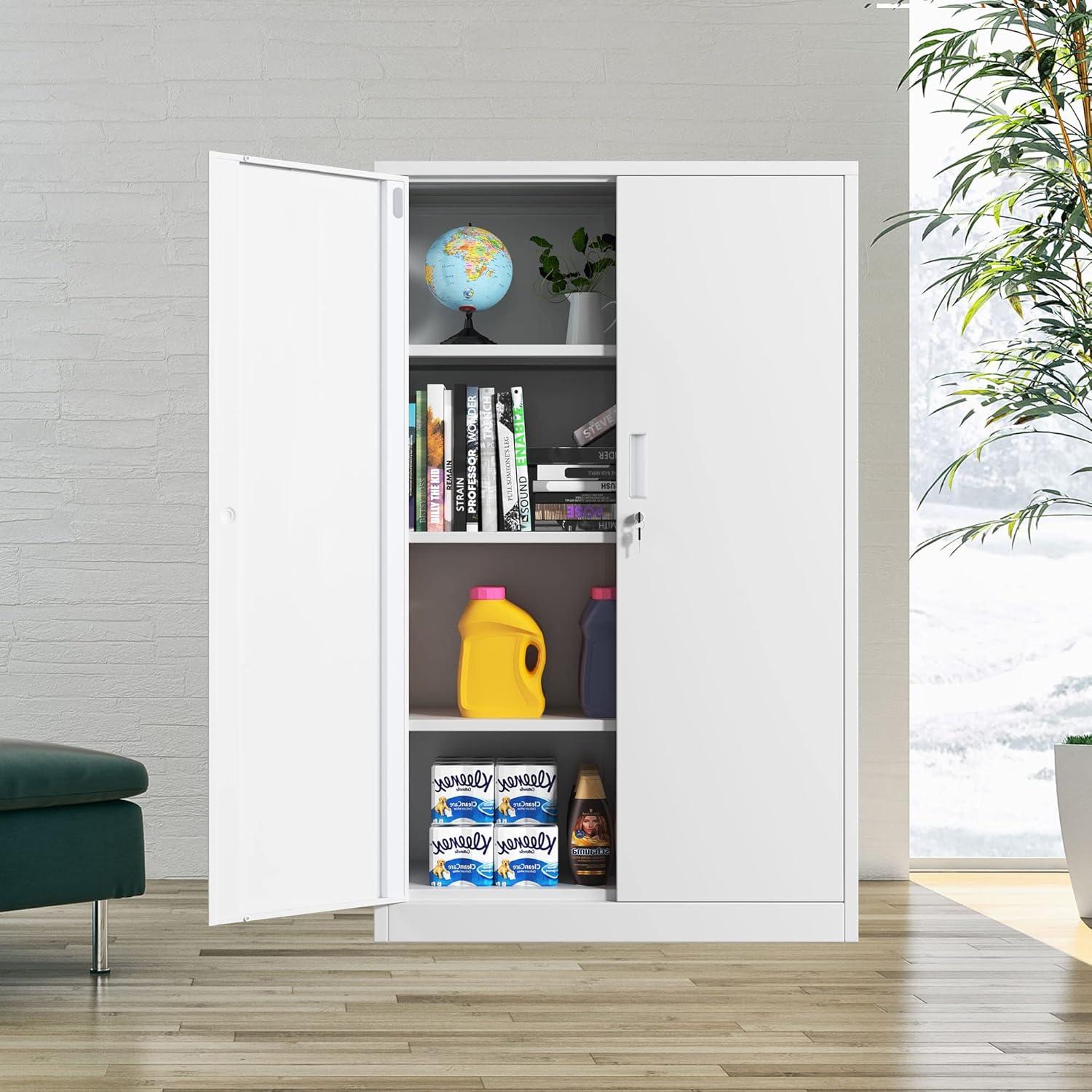 Metal Storage Cabinets with Shelves and Doors, Sideboard Buffet Cabinet for Kitchen, Entryway, Living Room, Home Office, Garage, Utility Room and Basement, 36.2" H x 31.5" W x 15.7" D (White)