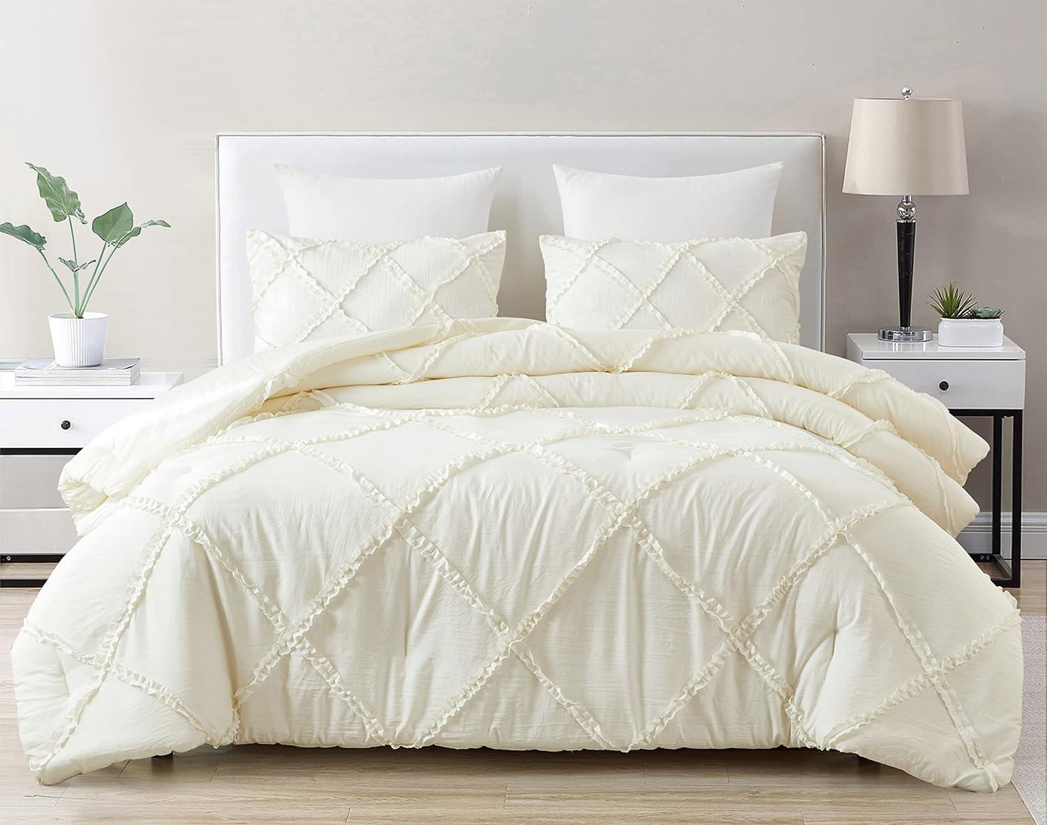 Vivian Twin Ivory Microfiber Comforter Set with Ruffle Trim