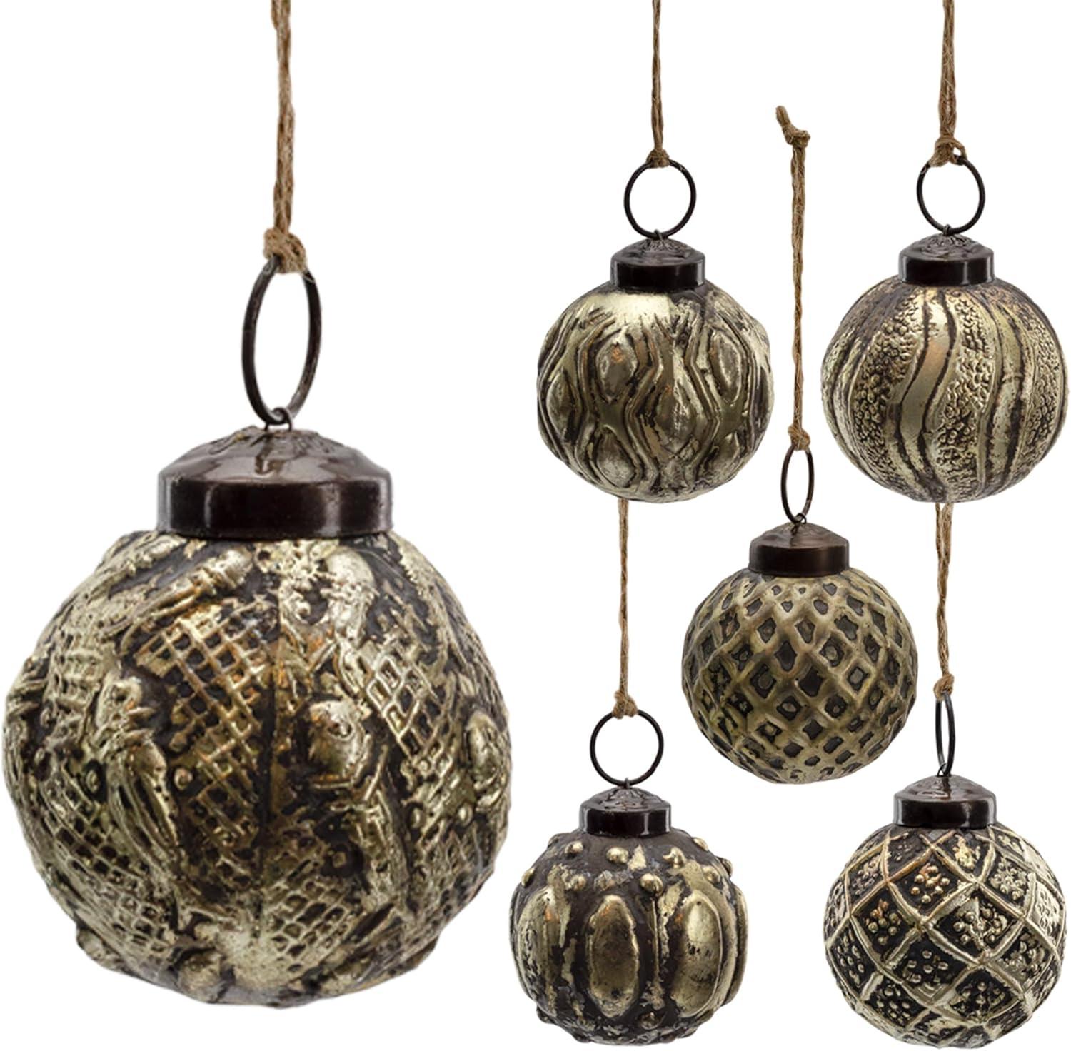 Antique Gold Distressed Glass Ball Ornaments Set of 6