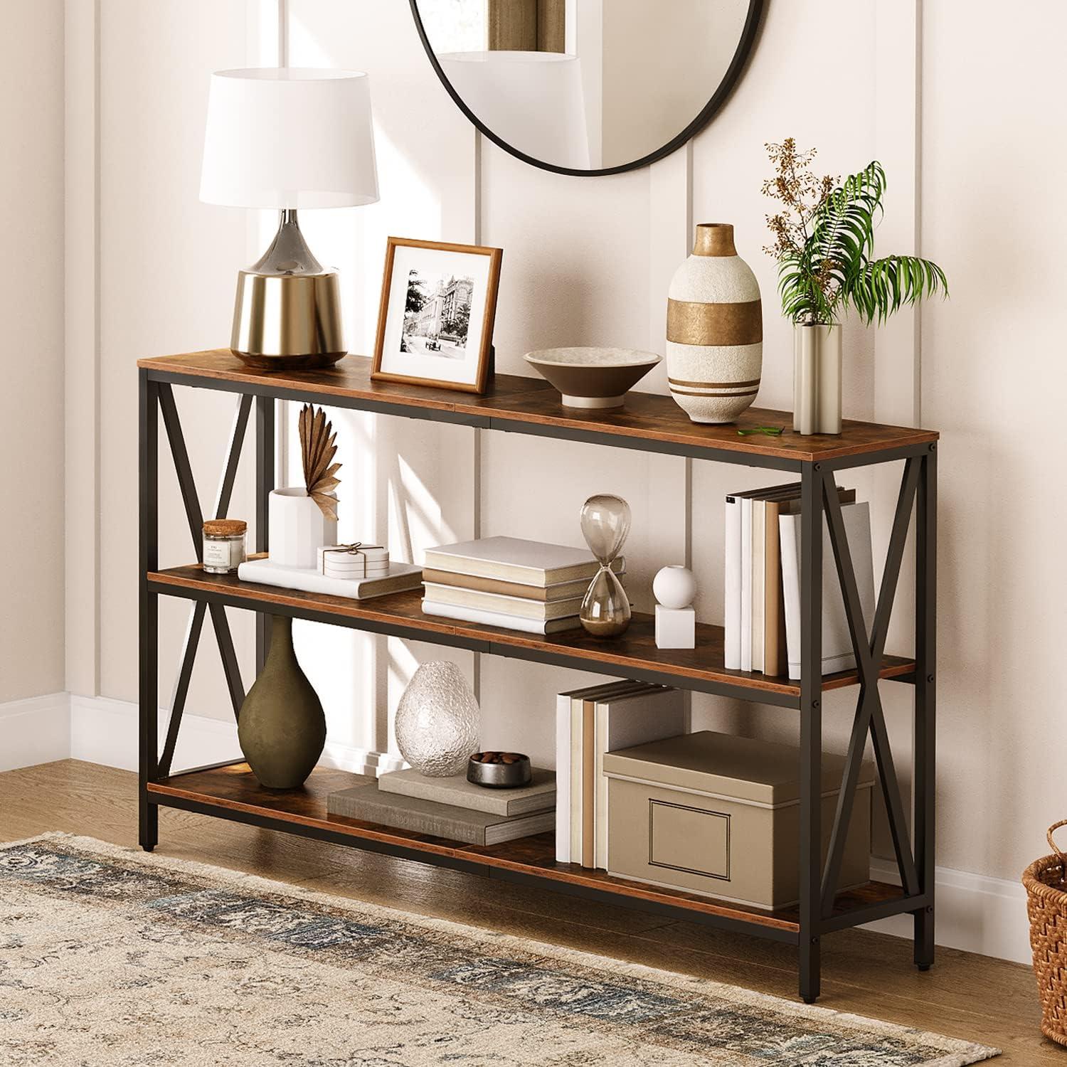 55" Rustic Brown Industrial Console Table with Metal Frame and Storage Shelves