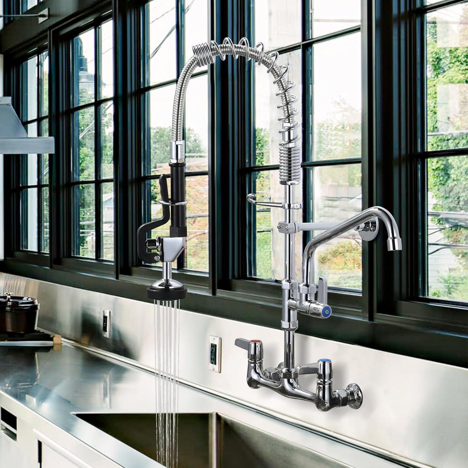 Commercial Kitchen Sink Faucet with Pull Down Sprayer, Pre-Rinse Wall Mount Faucet Chrome Commercial Kitchen Faucets with Sprayer 25" Height Water Faucets with 9.6" Add-on Swing Spout for Restaurant