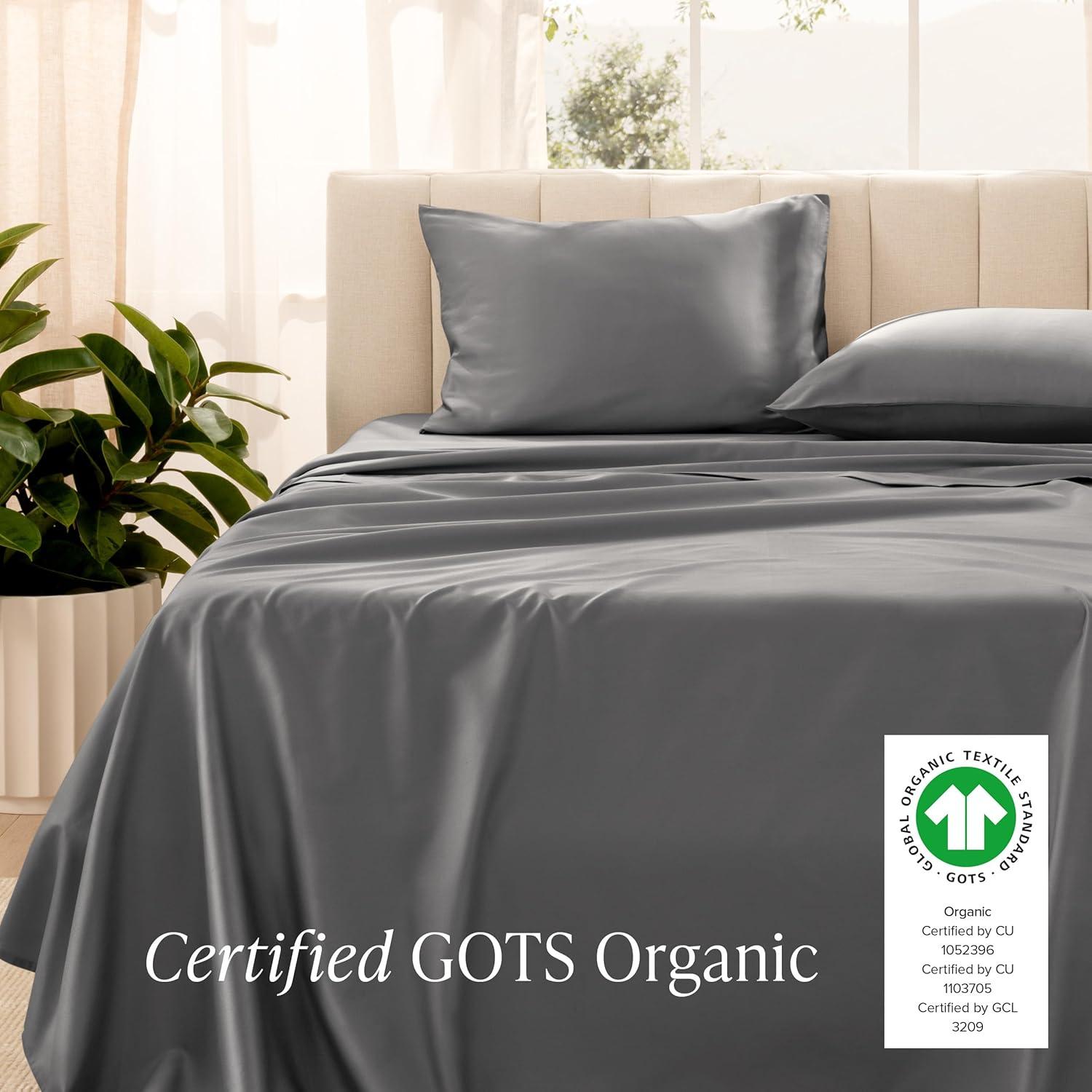 400 Thread Count Organic Cotton Sateen Grey 3 Piece Twin XL Bed Sheet Set by Bare Home