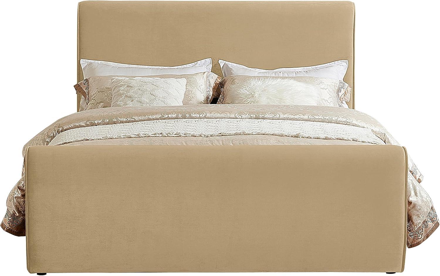 Camel Velvet Upholstered Queen Bed with Curved Headboard