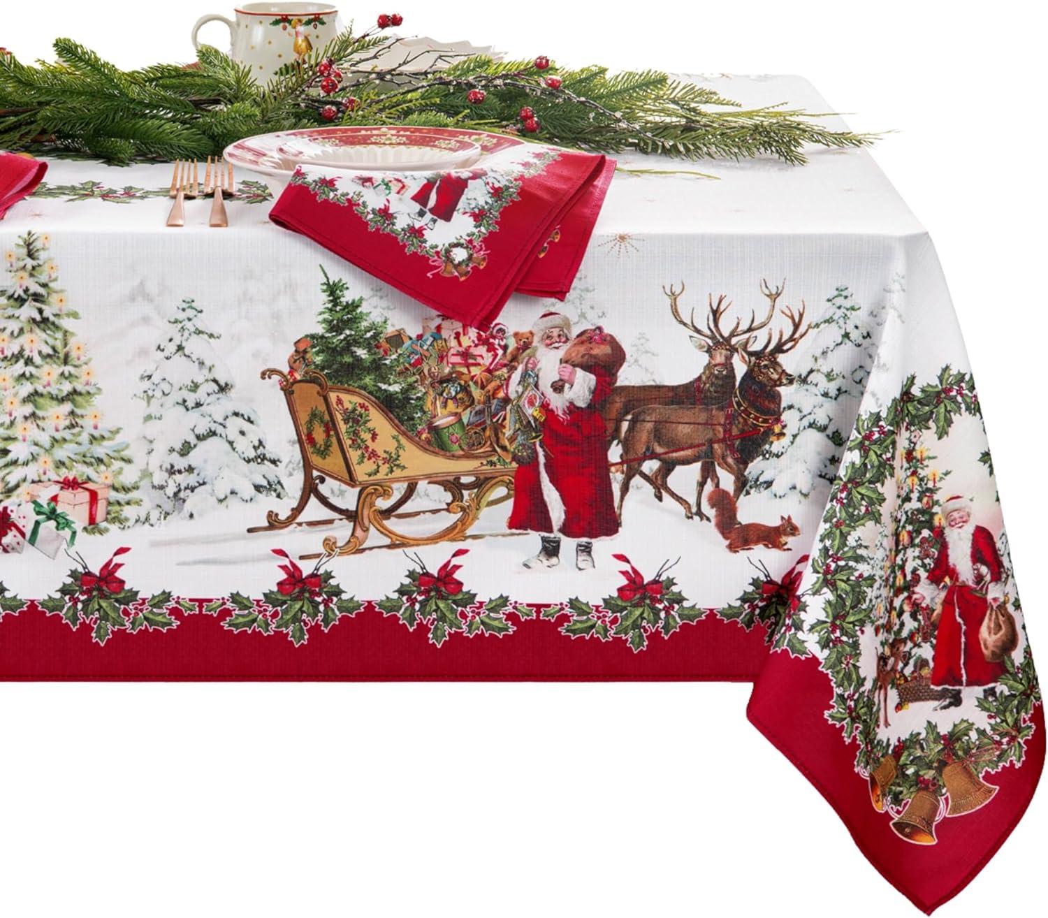 Christmas Holiday Santa and Reindeer Fabric Tablecloth, 60"x84" Rectangle