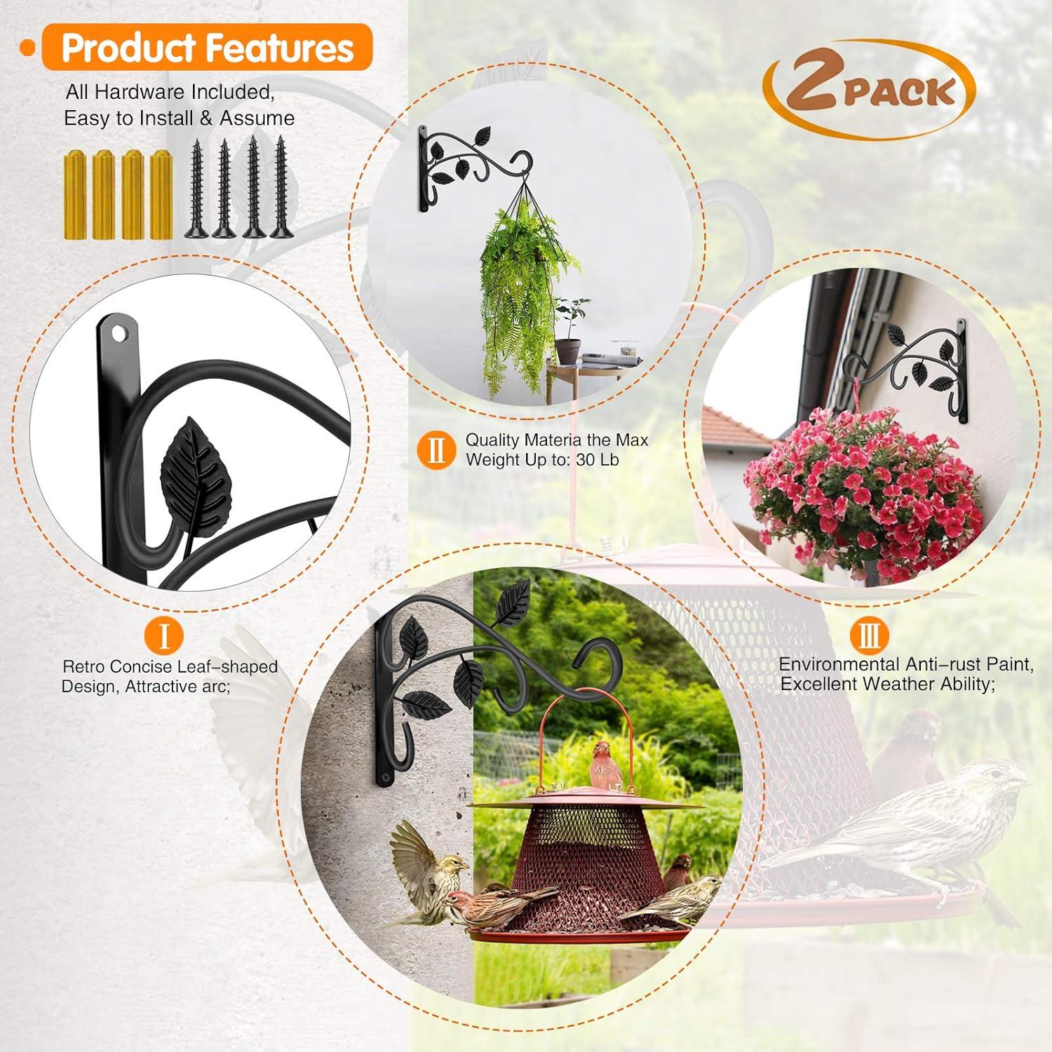 2Pcs Metal Hanging Hook Plants Brackets, 12 Inch Iron Wall Mount Bracket Durable Rust-Resistant Plant Hanger Hook for Hanging Plants Bird Feeder Lantern Wind Chimes