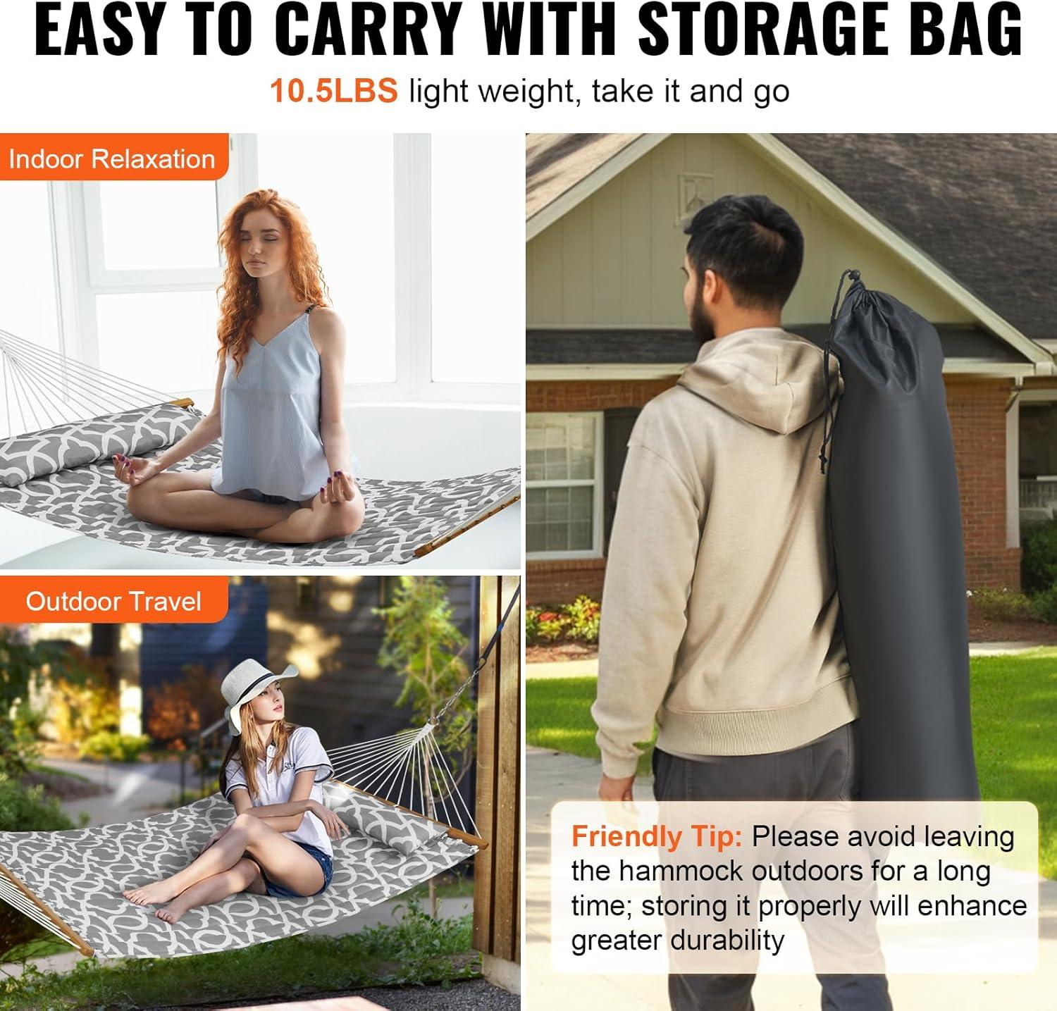Double Quilted 12 FT Hammock for 2 Persons, Hardwood Spreader Bars, 480 lbs Capacity, with Detachable Pillow and Chains - Ideal for Outdoor Camping, Patio, Beach, and Yard Relaxation