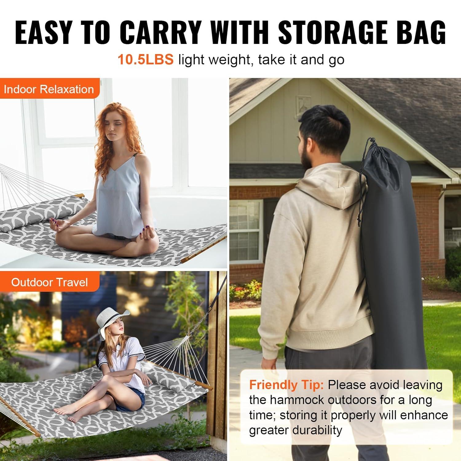 Double Quilted 12 FT Hammock for 2 Persons, Hardwood Spreader Bars, 480 lbs Capacity, with Detachable Pillow and Chains - Ideal for Outdoor Camping, Patio, Beach, and Yard Relaxation