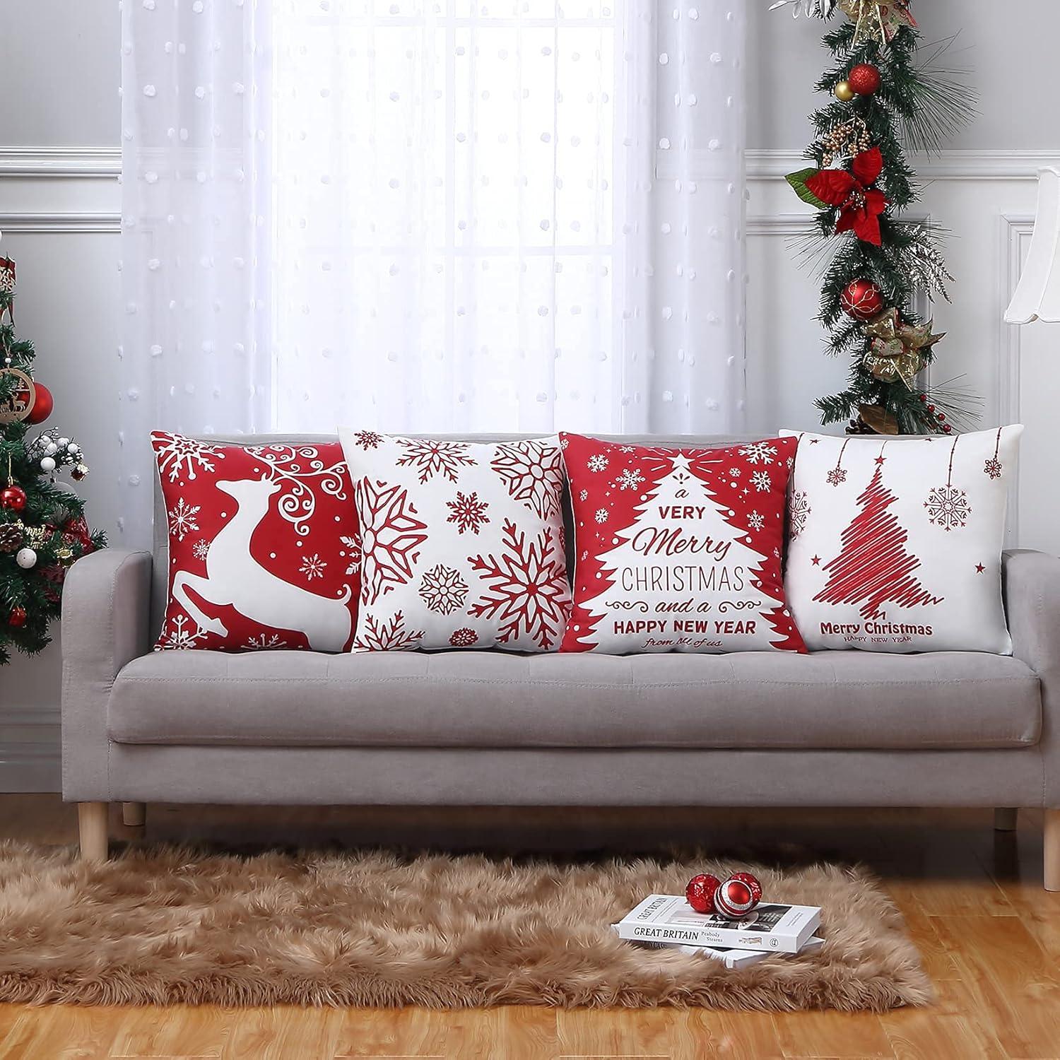 Christmas Decorations Throw Pillow Covers, Set of 4 Throw Pillow Cases with Holiday Decor, 18x18inch, Red