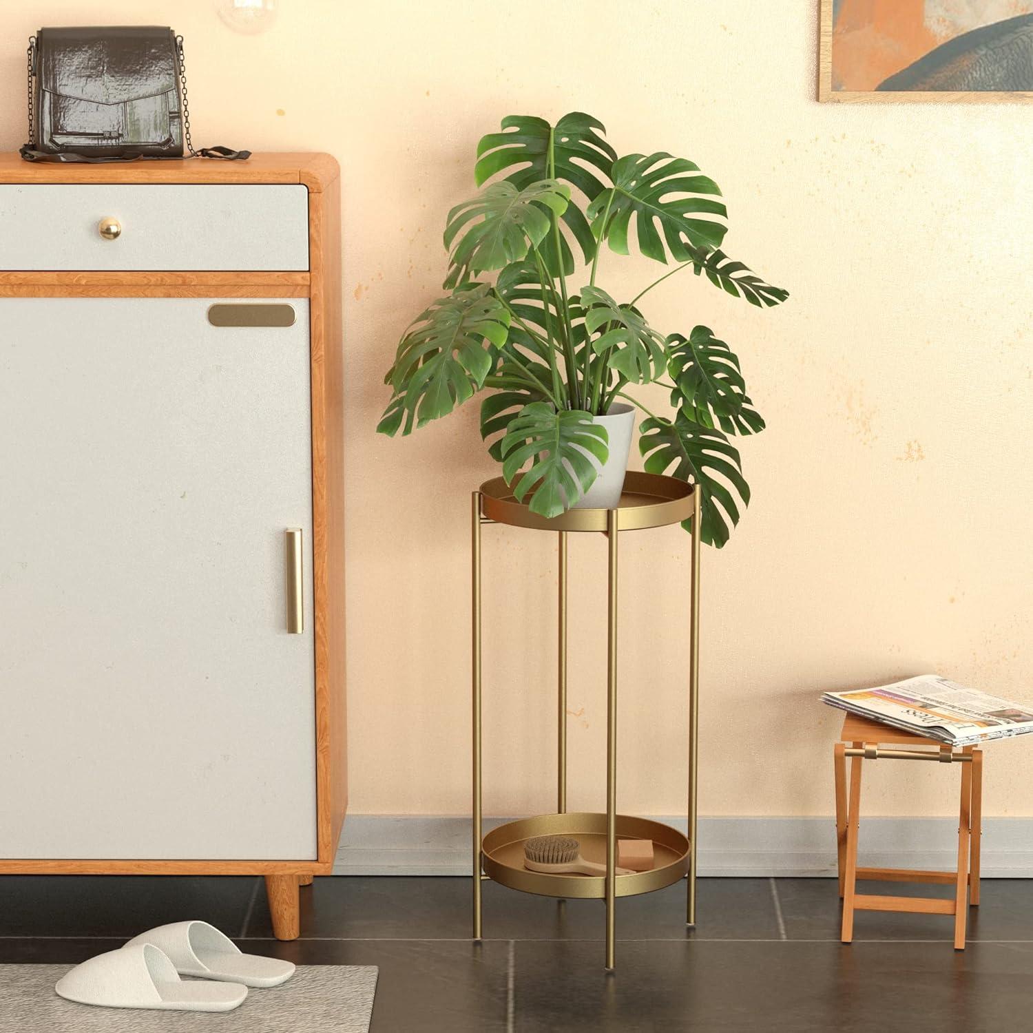 Gold 2-Tier Metal Plant Stand with Round Trays