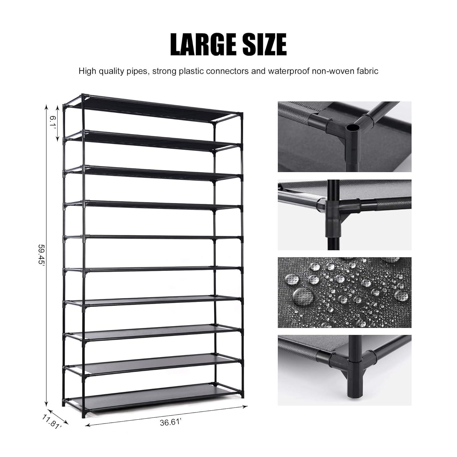 UBesGoo 10 Tiers Shoe Rack Shoe Shelf Free Standing 50 Pairs Shoe Tower Stand Space Saving Storage Organizer for Closet Entryway Bedroom Dorm Black