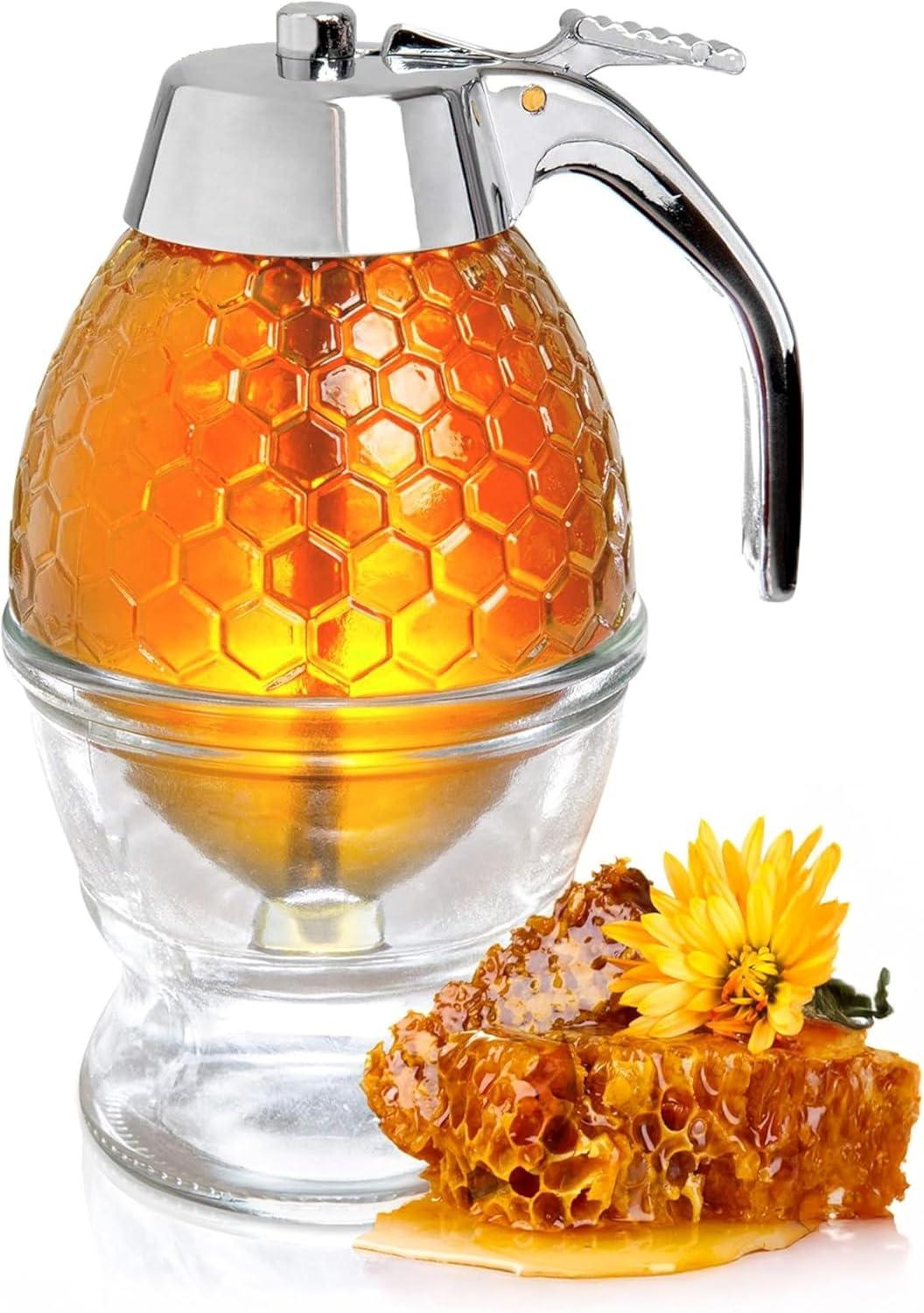 hunnibi Glass Honey Dispenser with Stand and Stainless Steel, Clear