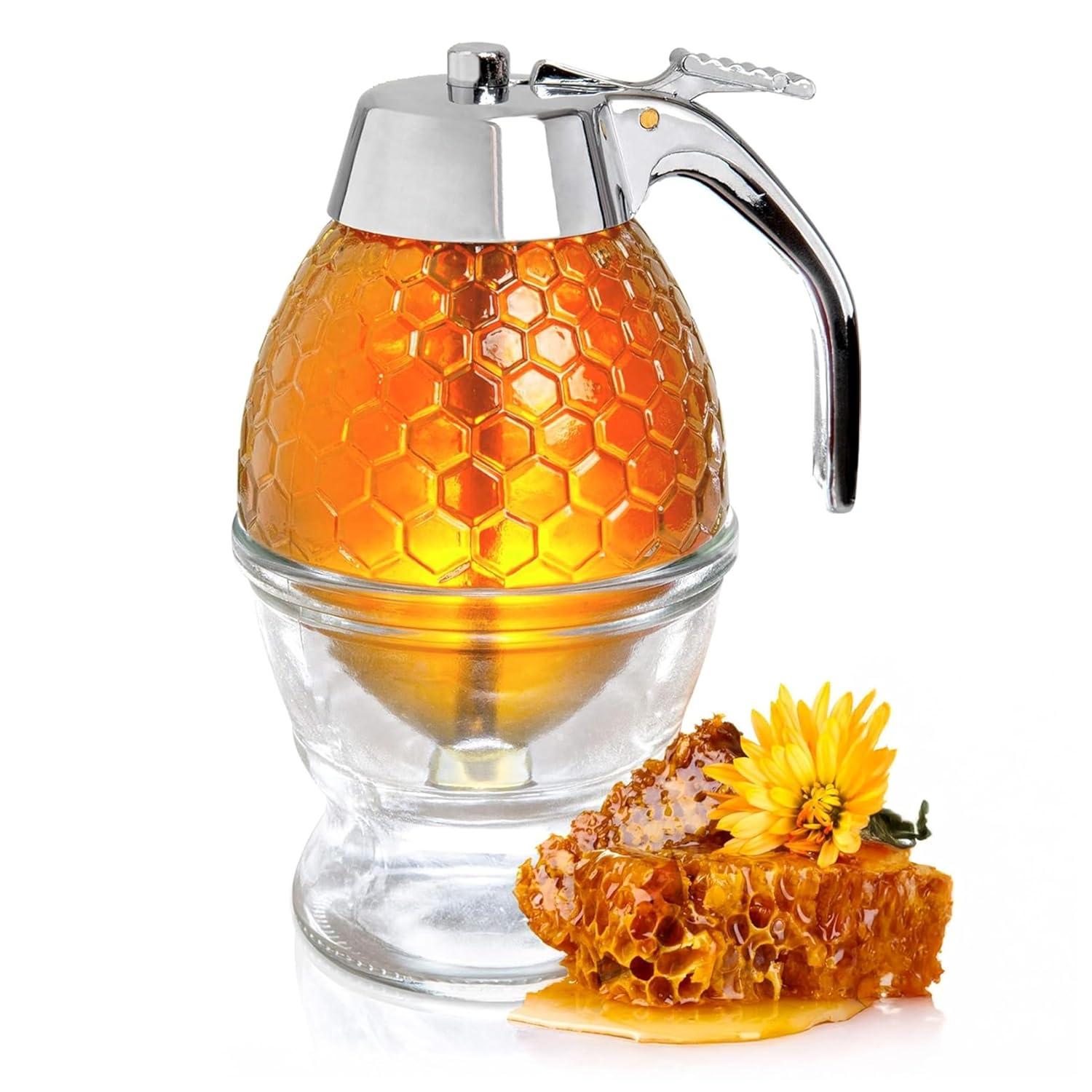 hunnibi Glass Honey Dispenser with Stand and Stainless Steel, Clear