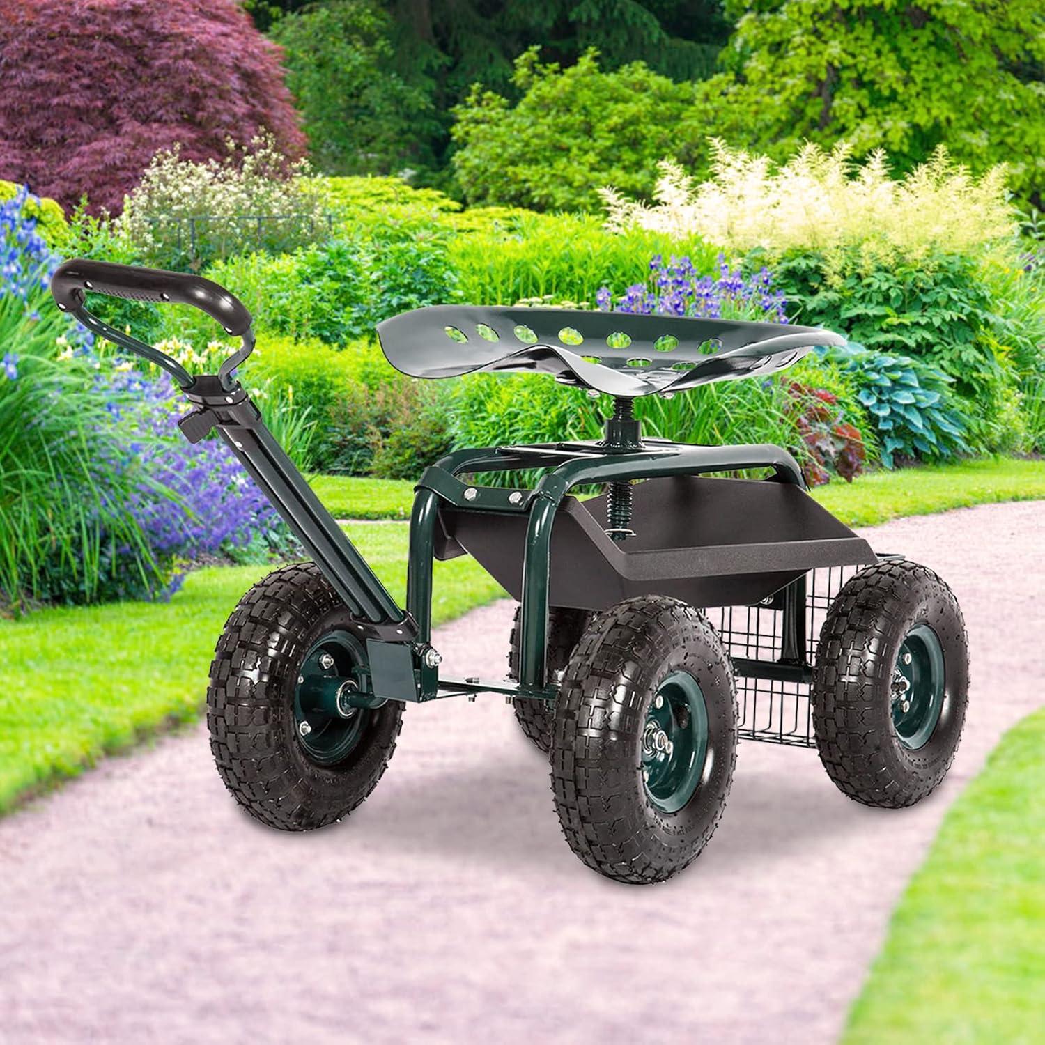 Rolling Garden Cart Scooter Stool - Garden Seat with Wheels Garden Cart with Seat, Adjustable Handle 360 Degree Swivel (Green)