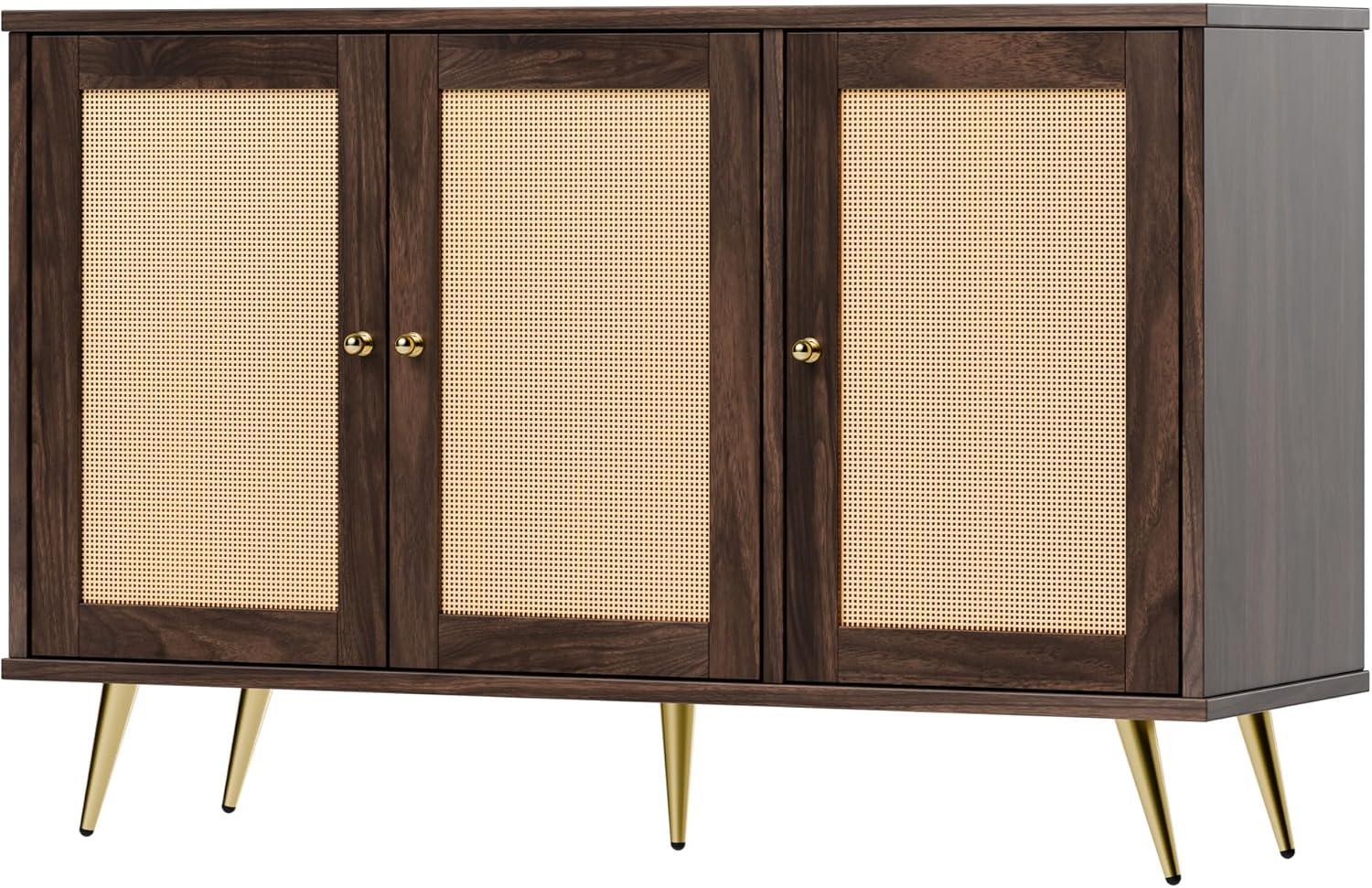 Walnut and Rattan 3-Door Accent Storage Cabinet