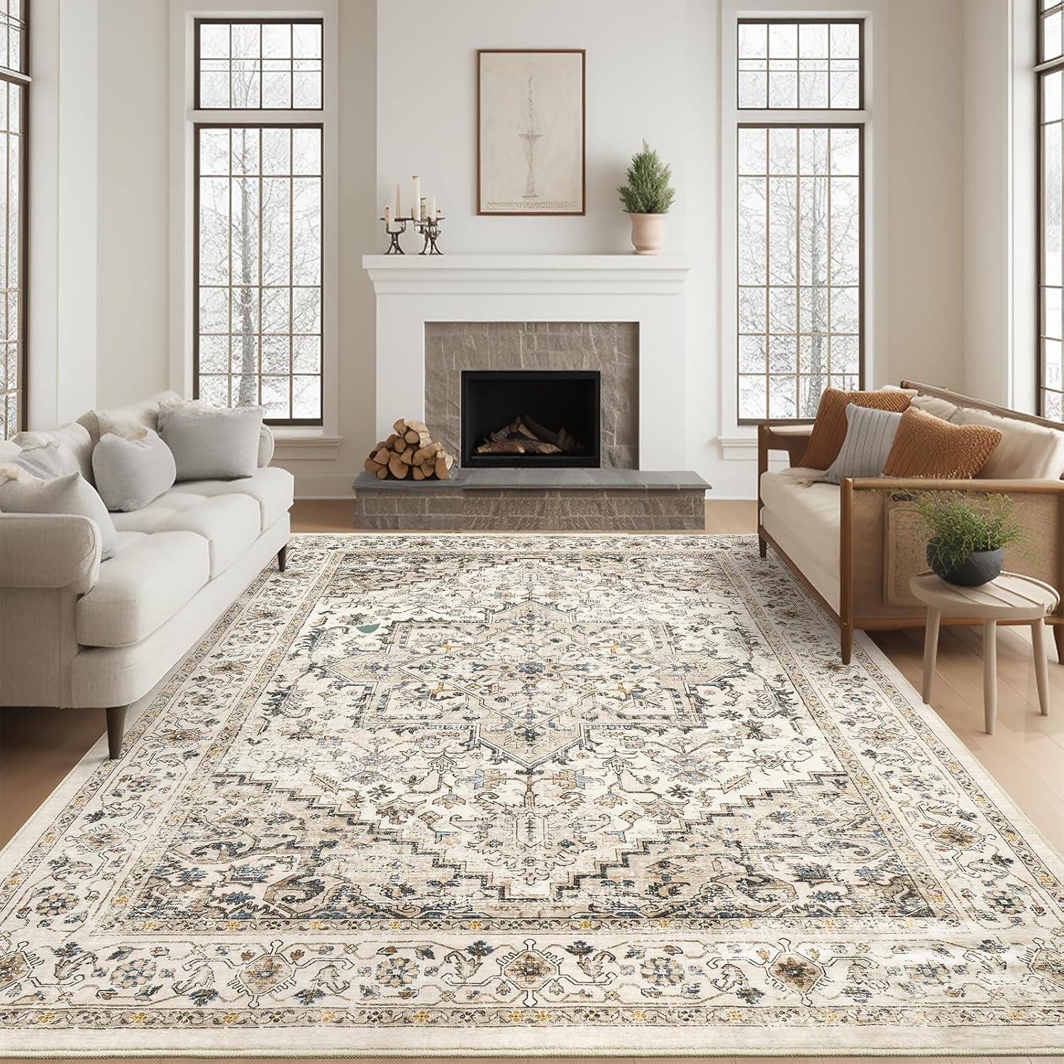 Tzou Brown 8x10 Area Rugs for Living Room, Vintage Washable Low Pile Carpet with Non-Slip Rubber Backing for Home Office