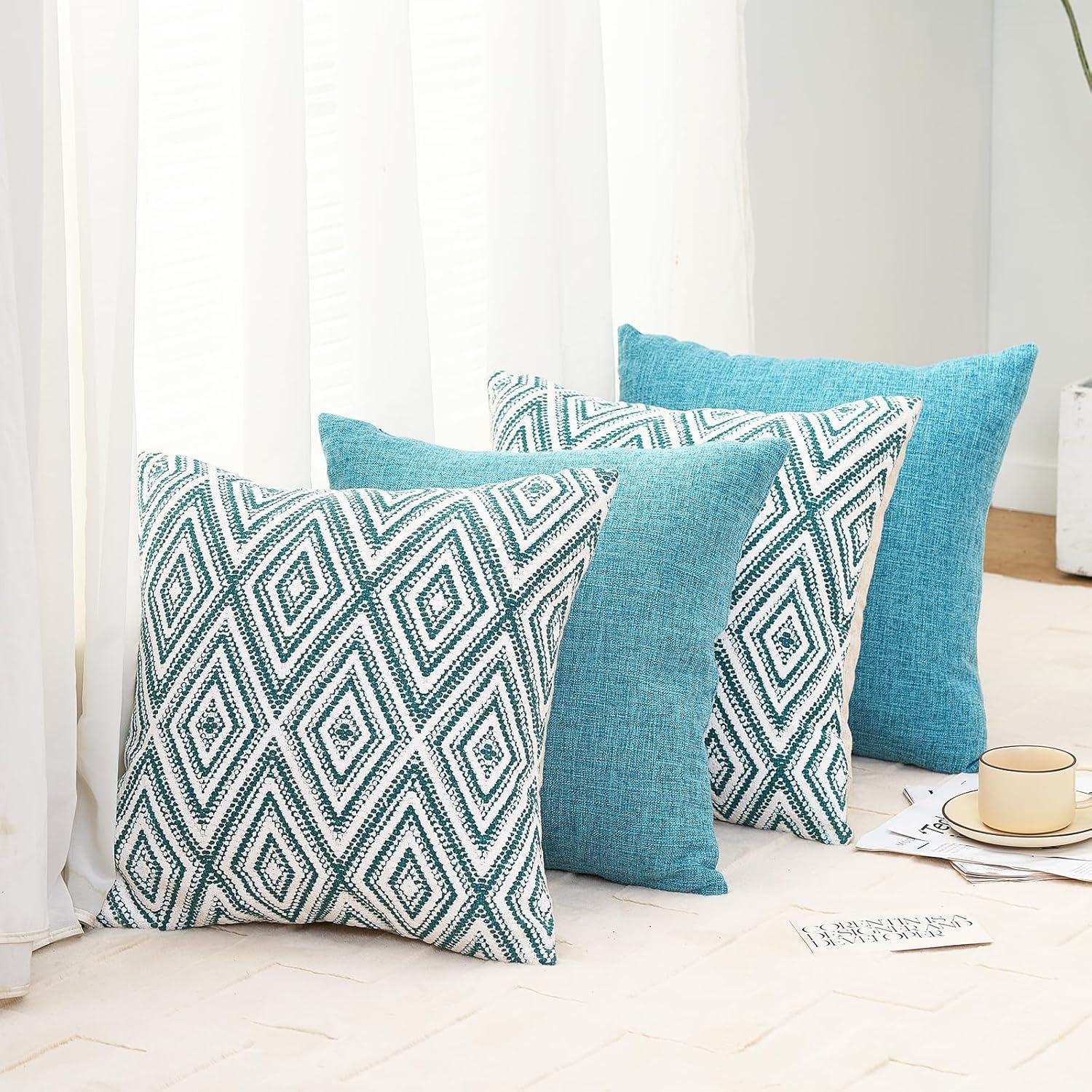 HPUK Decorative Throw Pillow Covers Set of 4 Geometric Design Linen Cushion Cover for Couch Sofa Living Room, 17"x17" inches, Aqua Blue