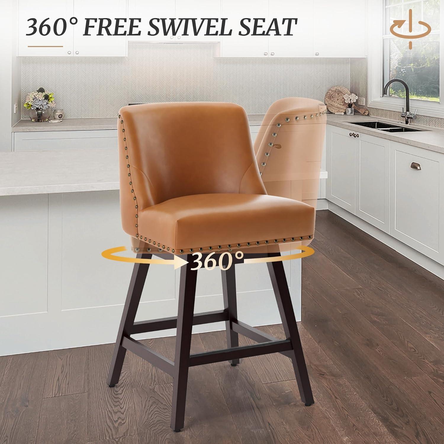 26 Inch Brown Faux Leather Swivel Counter Stools with Wood Legs