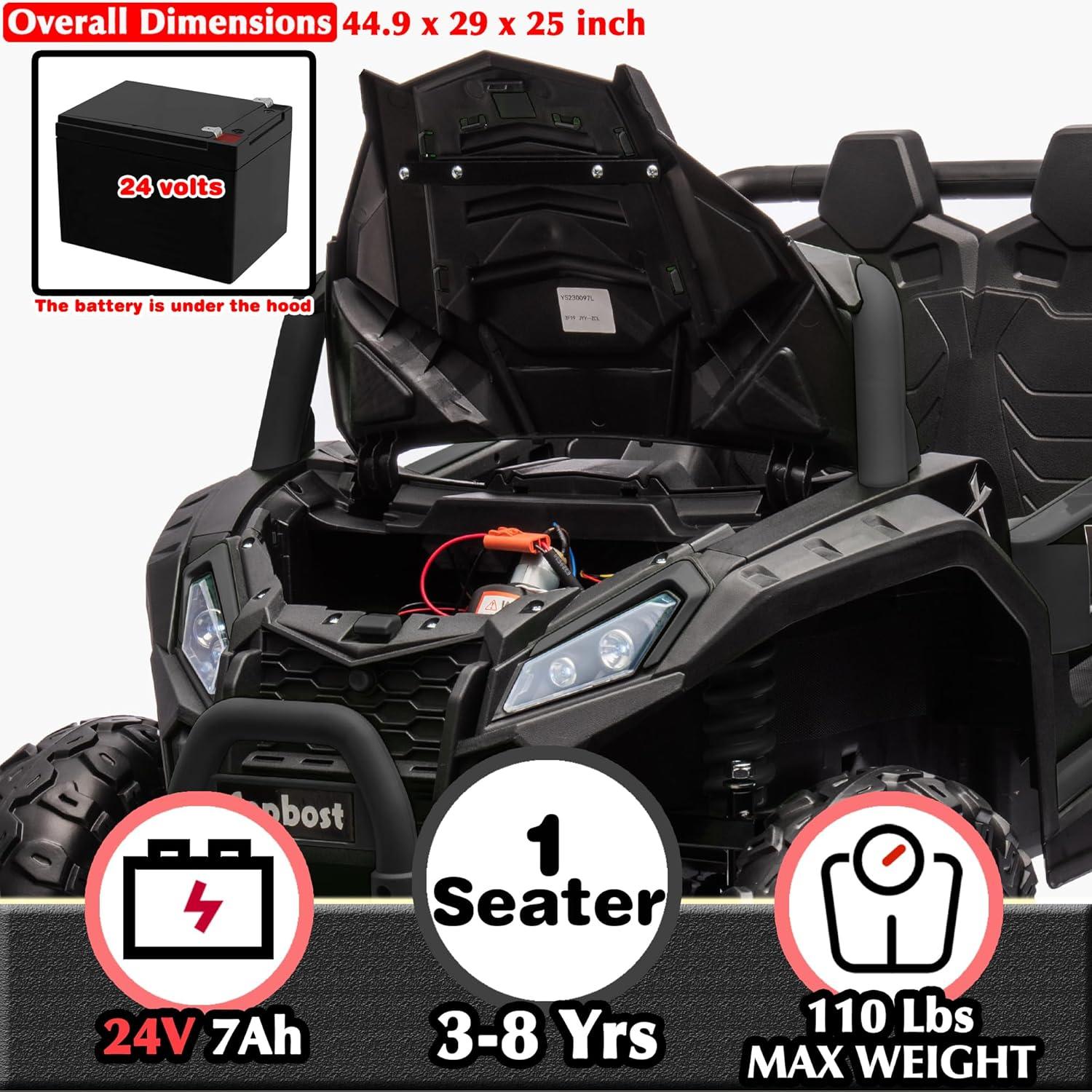 Black 24V 4WD Kids UTV with EVA Tires and Remote Control