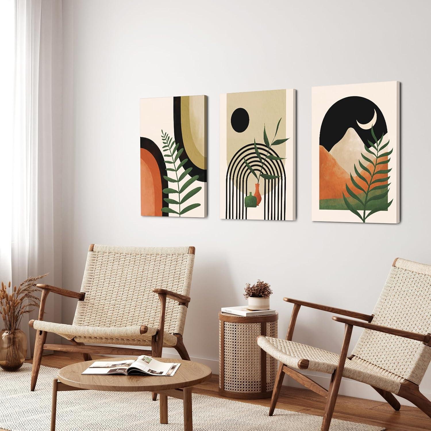 Framed Boho Wall Art Set of 3, Mid Century Modern Wall Decor, Minimalist Black Beige Neutral Abstract Geometric Wall Decor Canvas Prints Ready To Hang for Living Room Wall Decor 12x16in