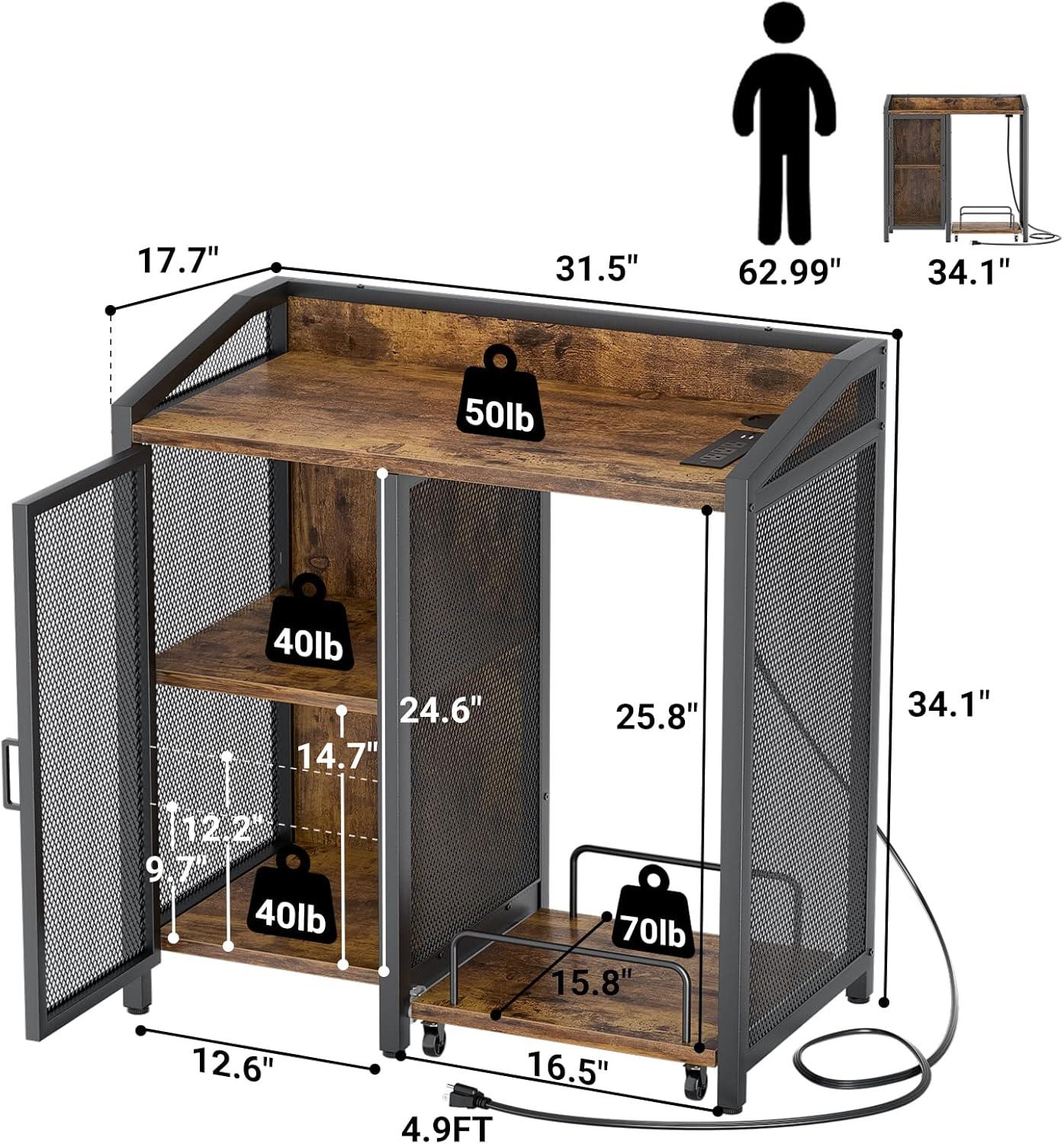 Rustic Brown 3-Tier Office Filing Cabinet with USB Ports