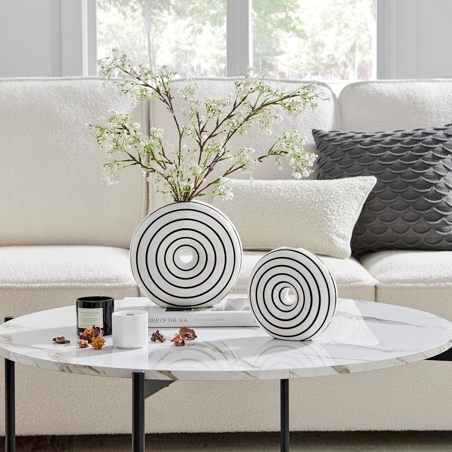 Danya B. Etta Two Piece Glossy Ceramic Black and White Striped Round Hollow Circle Donut Vase Set
