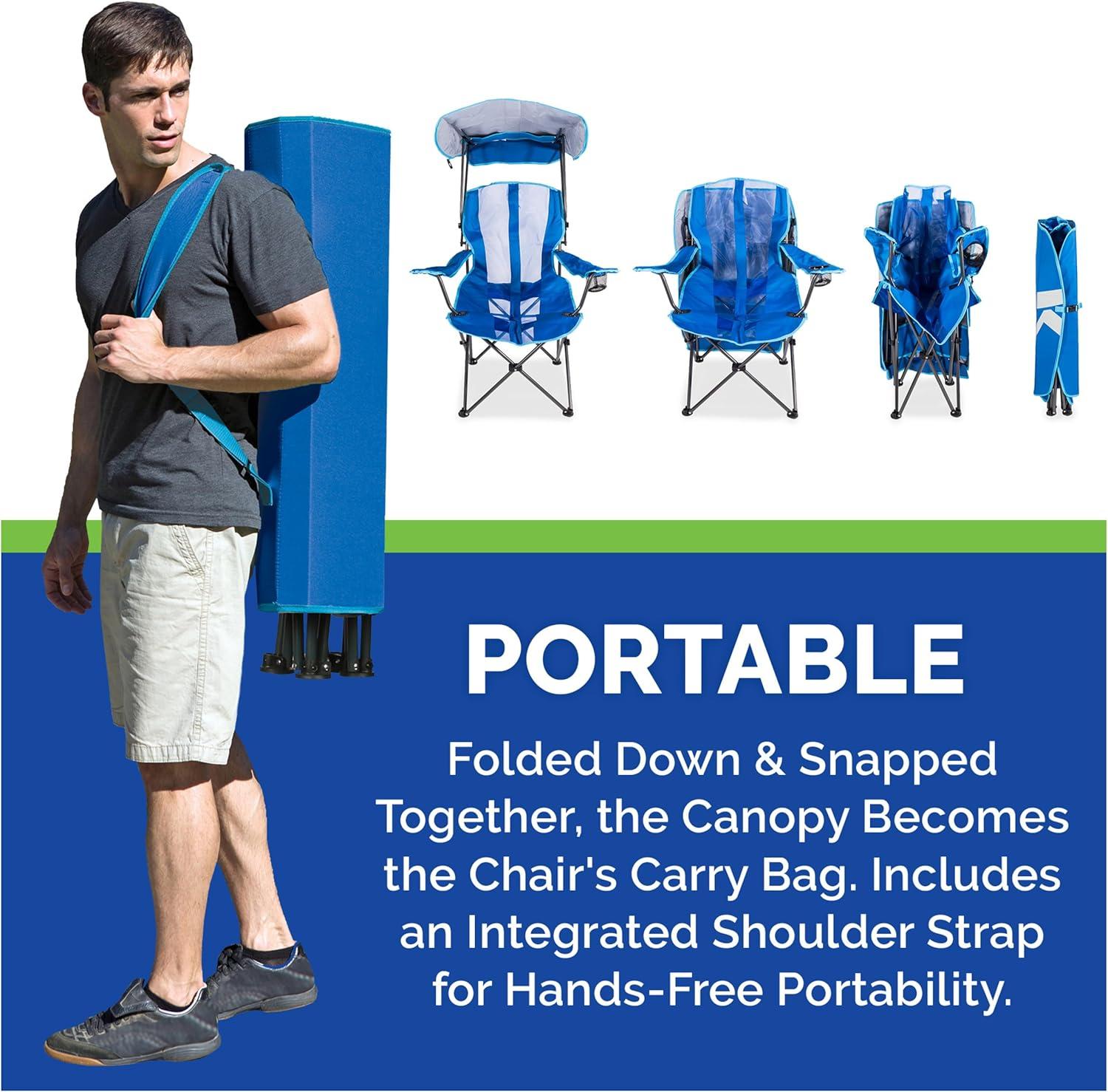 Kelsyus Premium Portable Camping Folding Outdoor Lawn Chair w/ 50+ UPF Canopy, Cup Holder, & Carry Strap, Blue & Gray