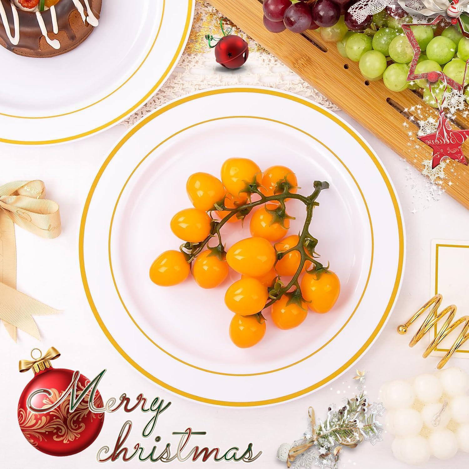 I00000 60pcs Plastic Gold Plates,10.25 inch Gold Rimmed Dinner Plates, White Disposable Plates, Parties or Wedding