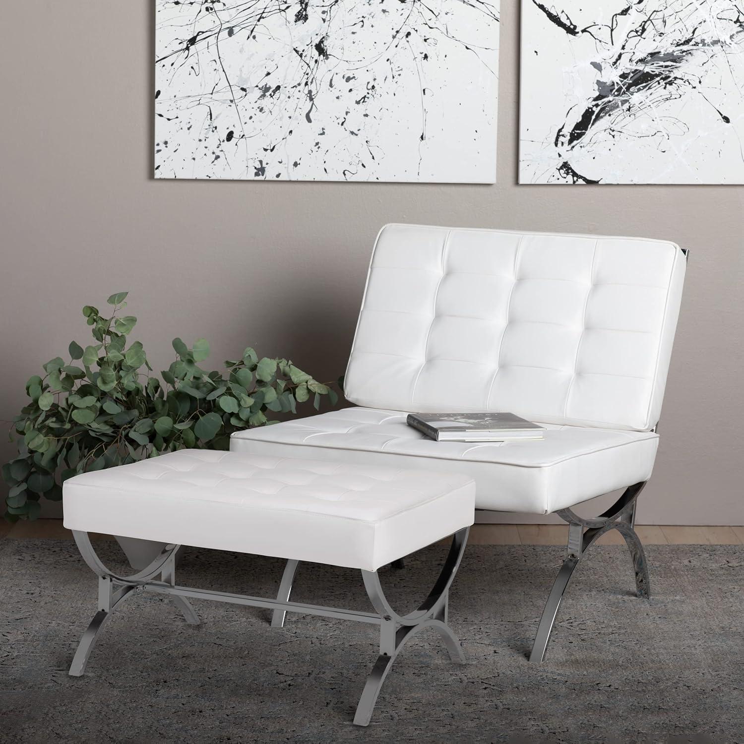 Elegant Mid-Century Modern White Leather Metal Frame Accent Chair