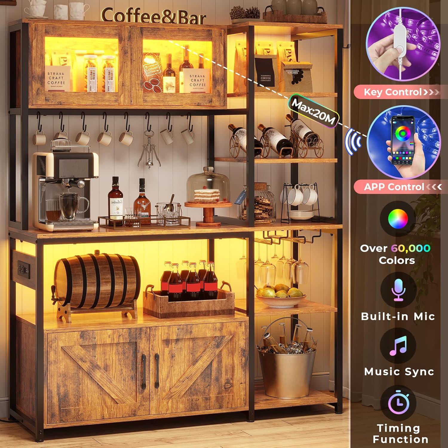 Bakers Rack with Power Outlet and LED Light, 45.3 Inch Farmhouse Coffee Bar Cabinet, Kitchen Microwave Stand with Storage, Glass Cabinet, Goblet Holder and 8 Hooks (Rustic Brown)