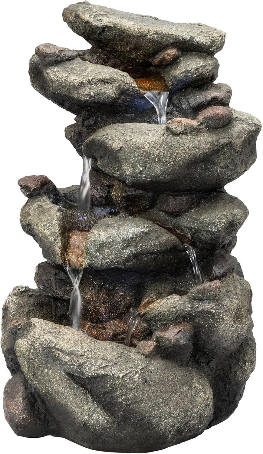 Rainforest Rock Cascade Fountain with White LED, 14" Grey