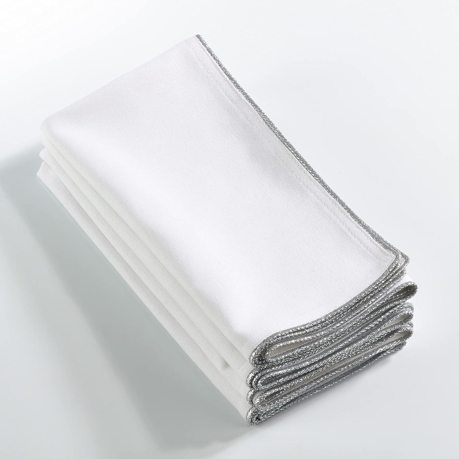 Set of 4 White Cotton Napkins with Silver Trim