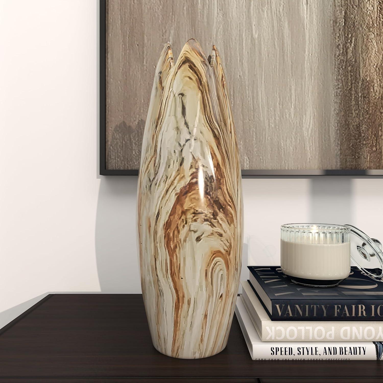 DecMode 21" Marbled Beige Ceramic Vase with Angled Edge Opening and Rust Accents