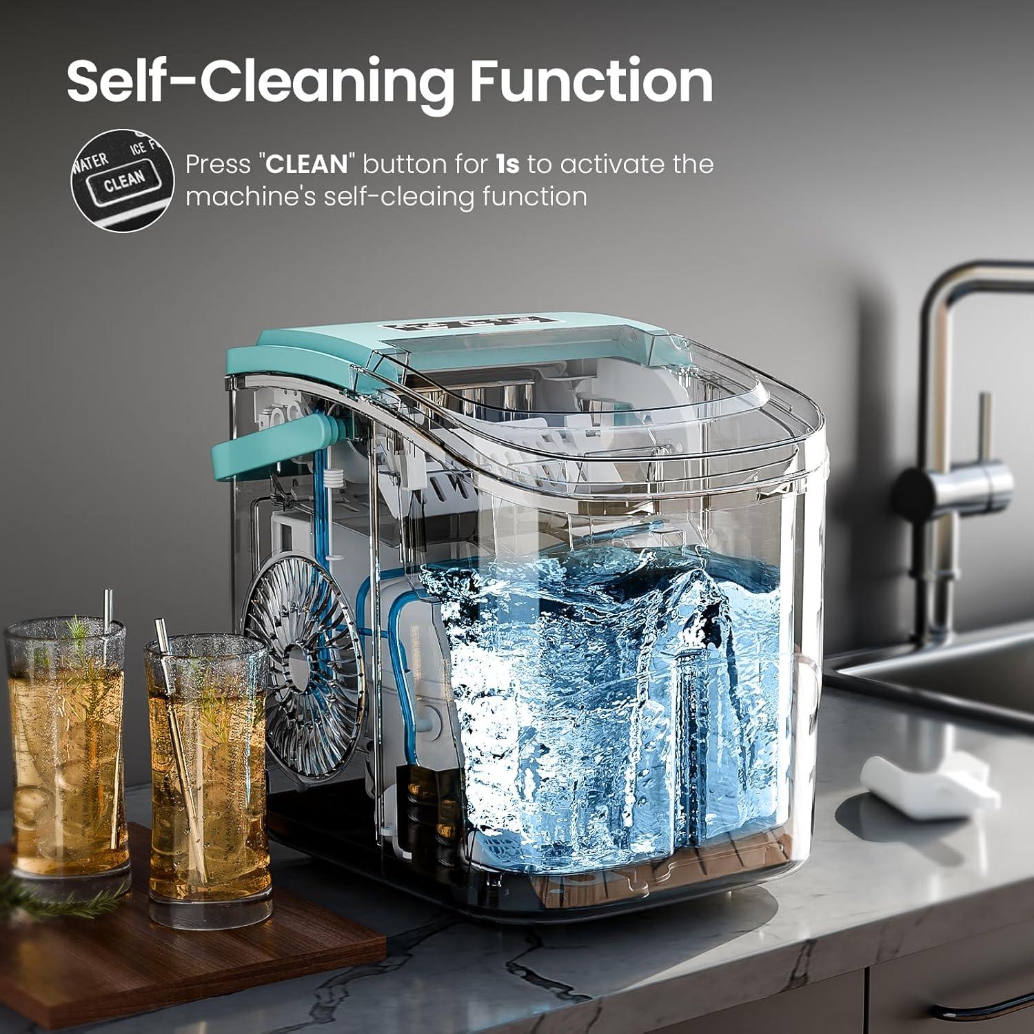 R.W.FLAME Ice Makers Countertop with Handle,26.5Lbs/24H,9 Cubes in 6 Mins,2 Sizes of Bullet Ice,Portable Ice Maker Machine with Self-Cleaning, green