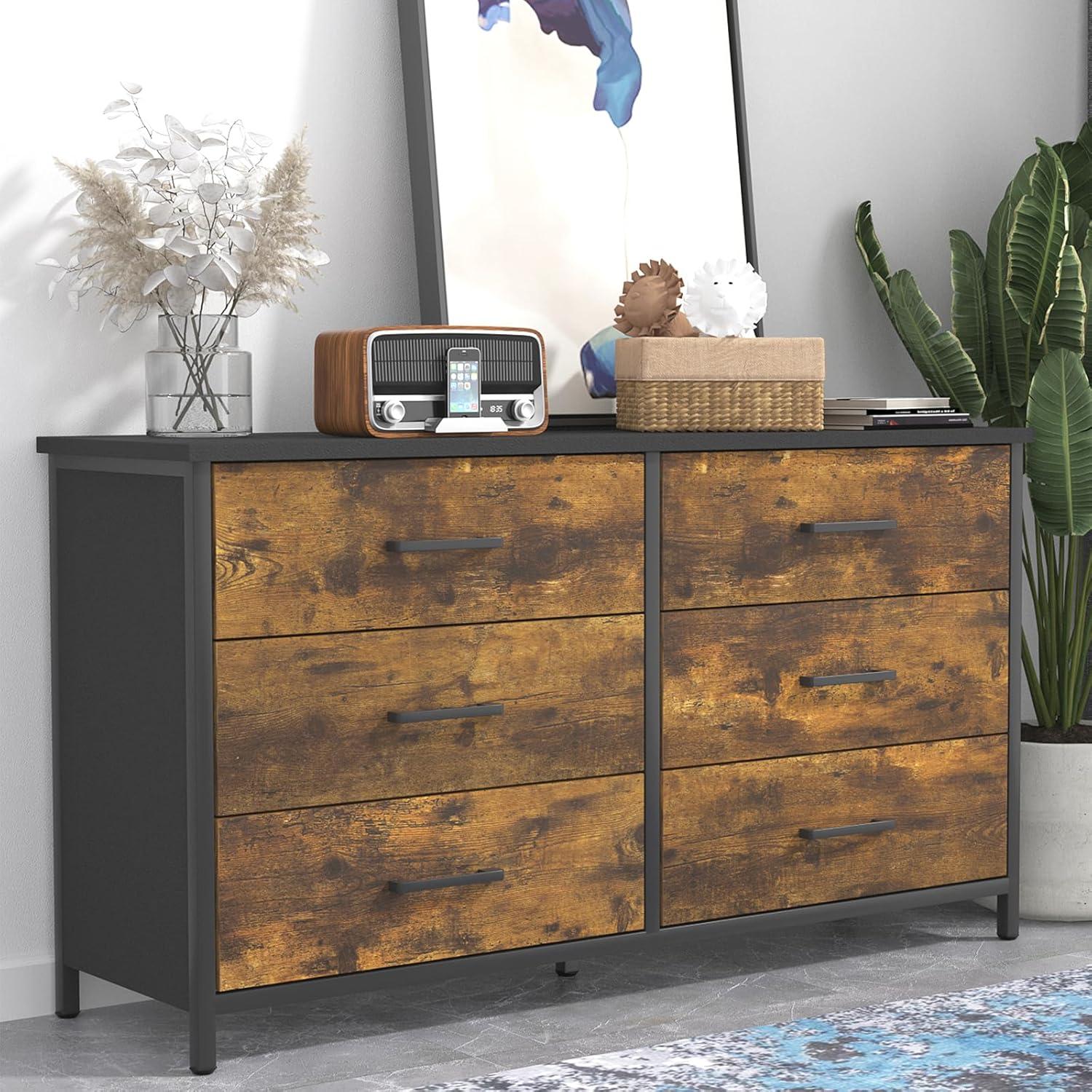 Rustic Brown Industrial Double Dresser with Black Metal Frame