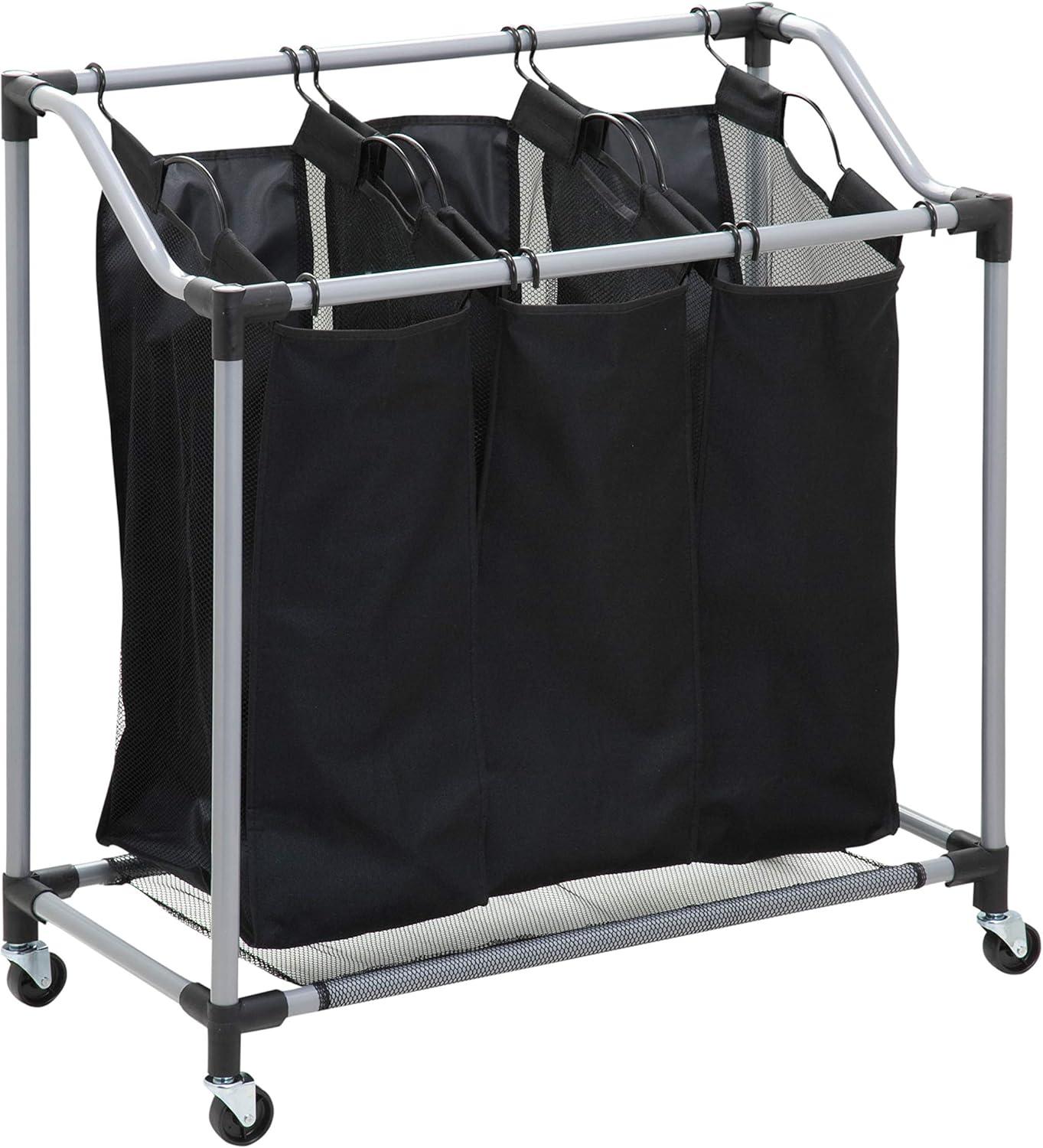 Black Mesh Triple Laundry Sorter with Wheels