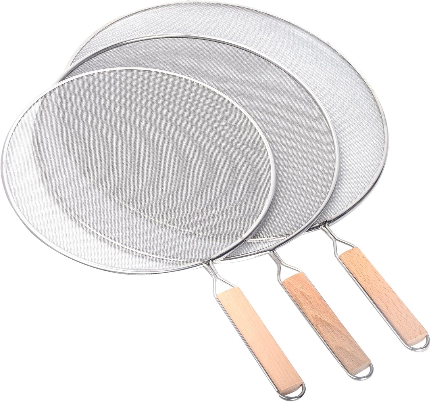 3 Pieces Grease Splatter Screen for Frying Pan, Splatter Guard Mesh Stainless Steel Grease Guard Shield for Kitchen Frying Pan Cooking Supplies Set of 9.44", 10.8" and 12.5" inch (Wood Handle)