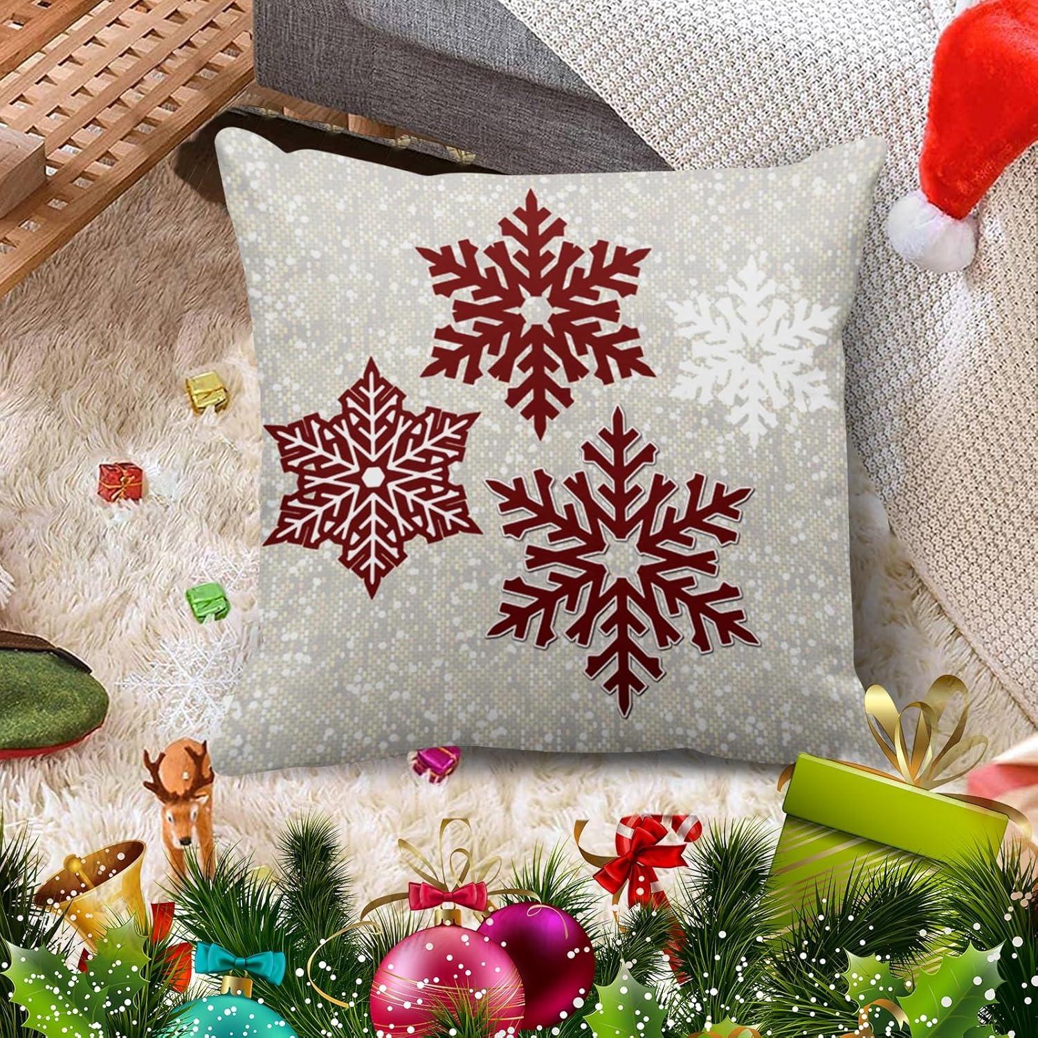 ARTJIA Christmas Sparkling Red Snowflakes Pillowcase Throw Pillow Cover 16x16 inches