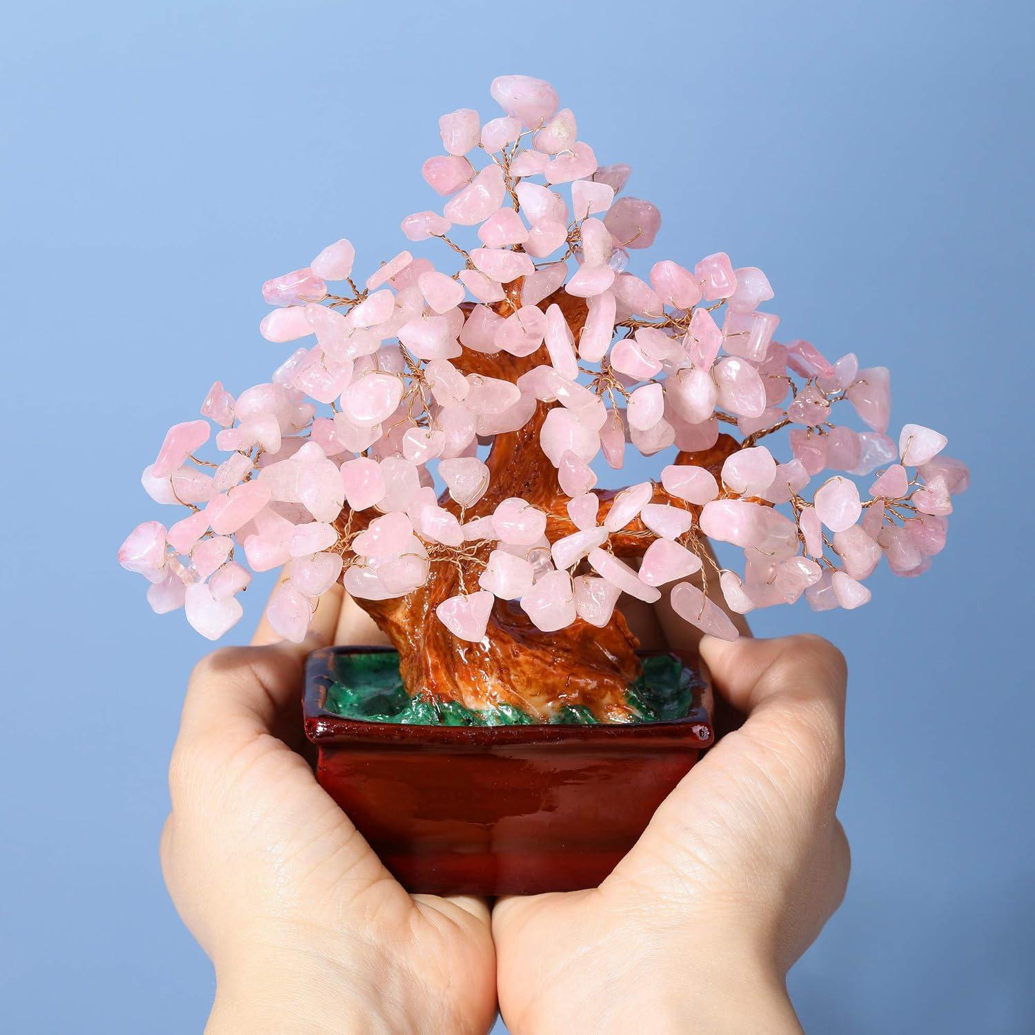 Feng Shui Natural Rose Pink Quartz Crystal Money Tree Bonsai Style Decoration for Wealth and Luck