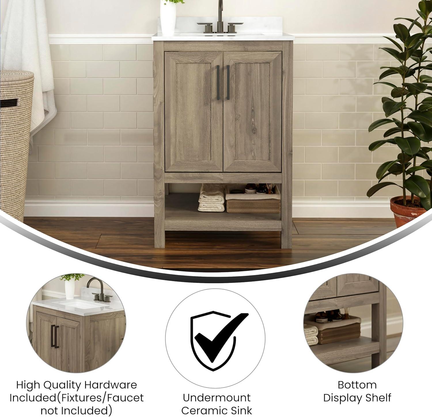 Flash Furniture Vega Bathroom Vanity with Sink Combo, Storage Cabinet with Soft Close Doors and Open Shelf, Carrara Marble Finish Countertop