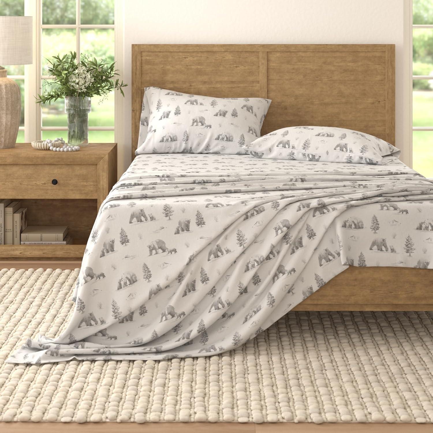 Gray Cotton Flannel Full Sheet Set with Polar Bear Print