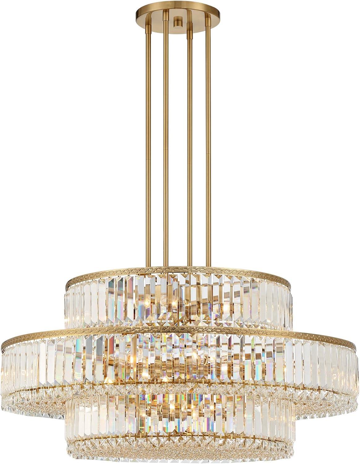 Stiffel Soft Gold Chandelier Lighting 32" Wide Modern 3-Tier Frame Clear Crystal 16-Light Fixture for Dining Room House Entryway