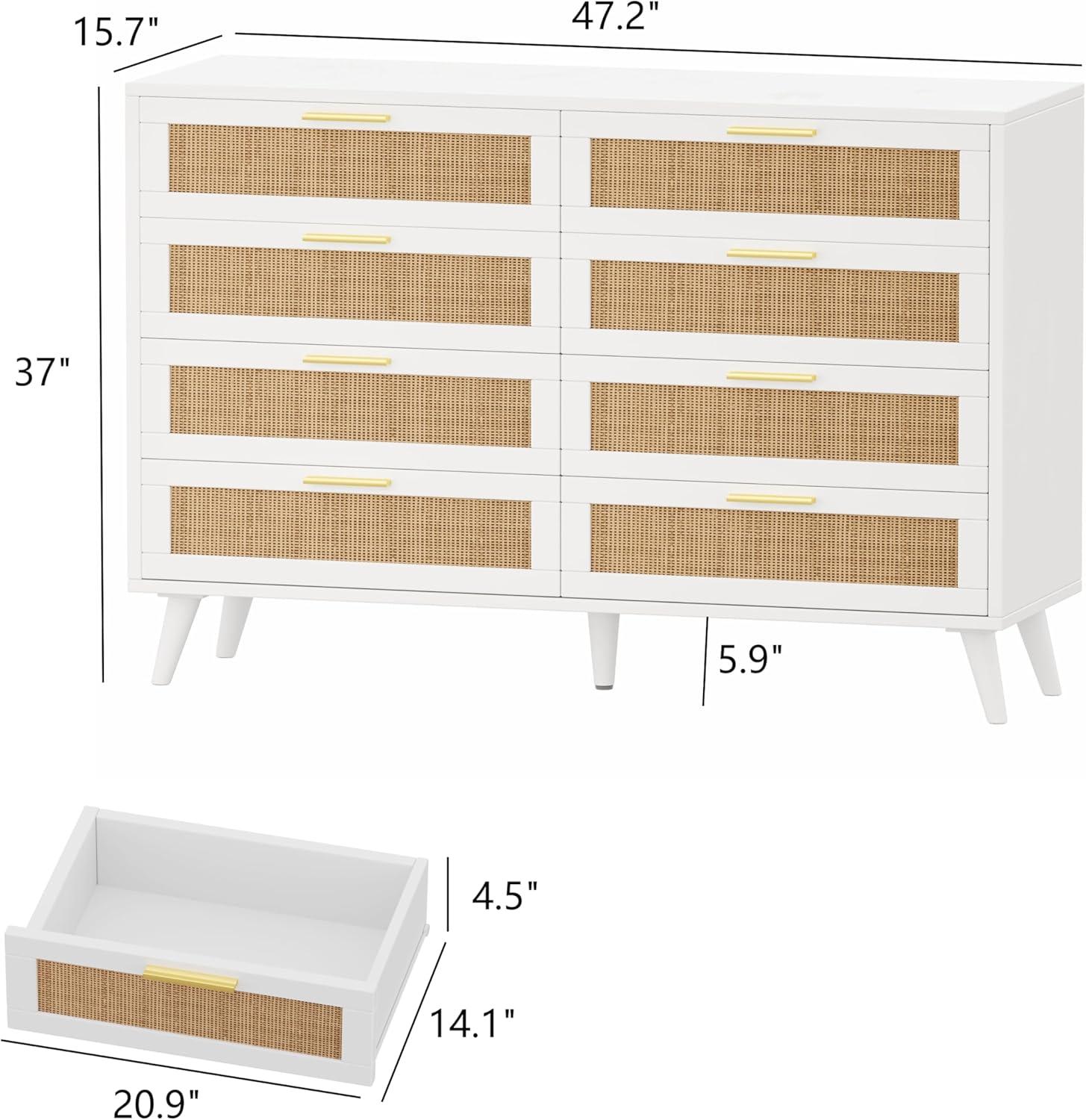 Danolapsi Rattan Dresser for Bedroom with 8 Drawer,Modern Storage Double Drawers for Bedroom,Wooden Dresser Chest,Beside Table for Closet,Nursery, Living Room and Entryway