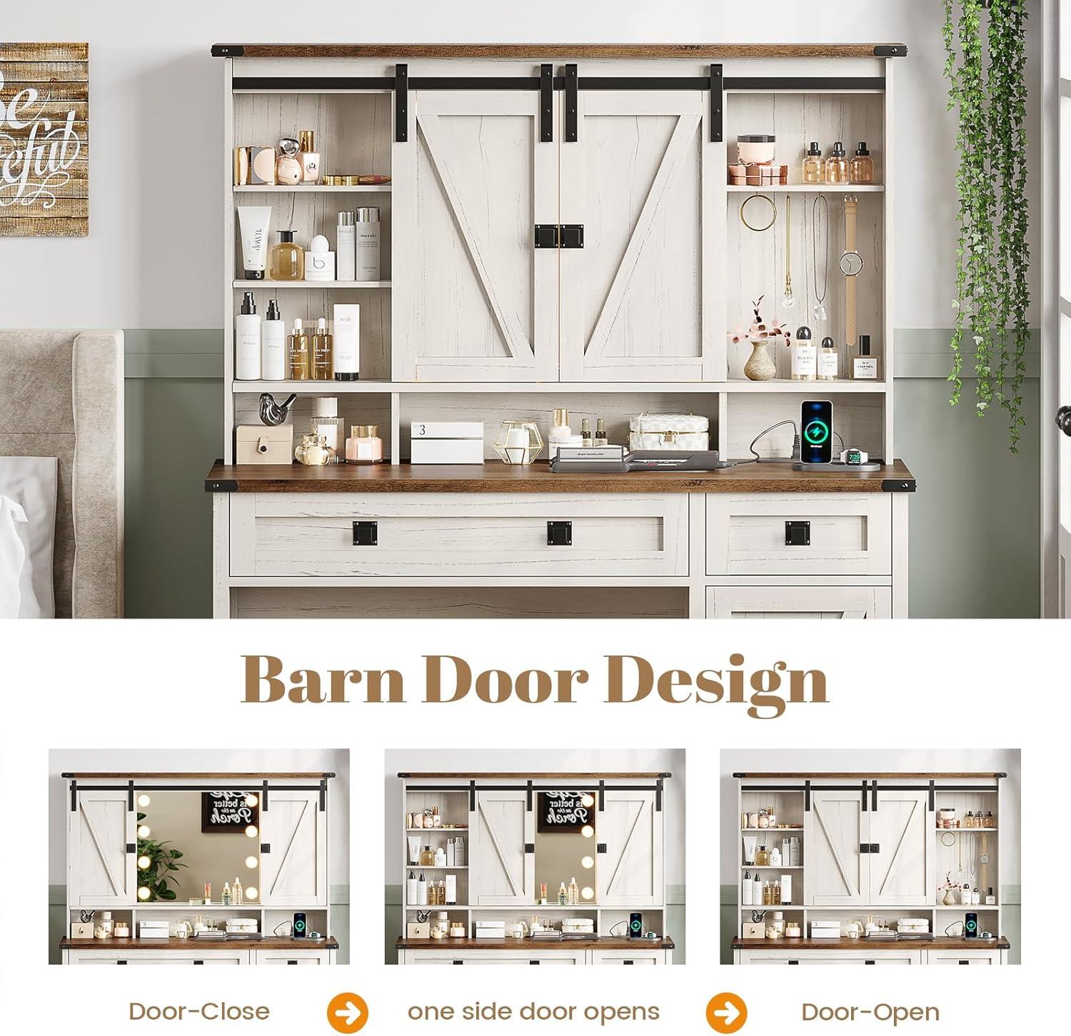 AOGLLATI Makeup Vanity with Lights & Barn Doors, Vanity Desk with Mirror and Lights & Charging Station, Farmhouse White Vanity Table with Jewelry Hooks and Open Storage Shelves