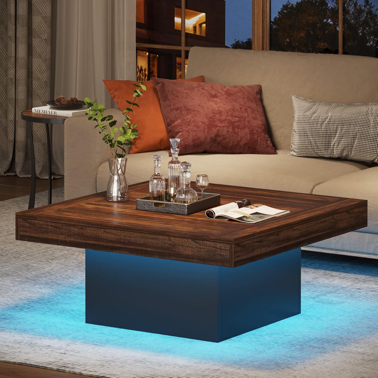 Tribesigns Squeare Coffee Table Modern LED Coffee Table Wood Coffee Table for Living Room Rustic Brown & Black Low Coffee Table