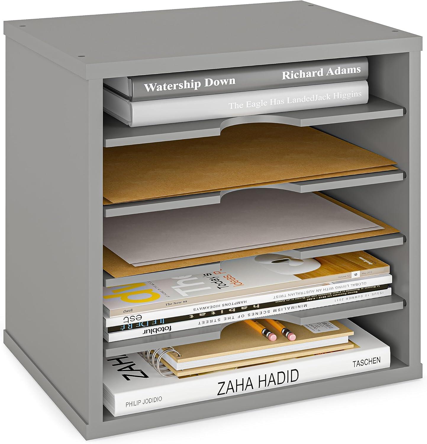 Ballucci 5-Tier Paper Organizer, File Holder, Mail Sorter, Wood Stackable Letter Tray, Gray