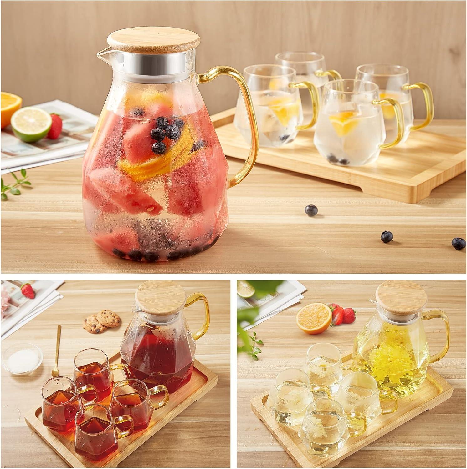 DUJUST Glass Pitcher Set (68 oz) with 4 Cups & 1 Tray, Elegant Diamond Design Water Pitcher with Handle, Durable Glass Jug for Fridge, Glass Carafe for Iced Tea/Juice/Beverage/Coffee/Drinks